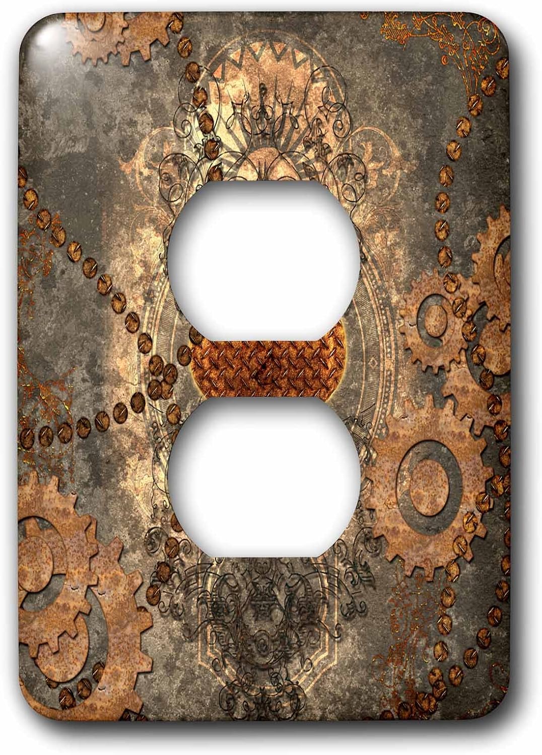 3dRose Steampunk, heart and gears rusty metal 2 plug outlet cover