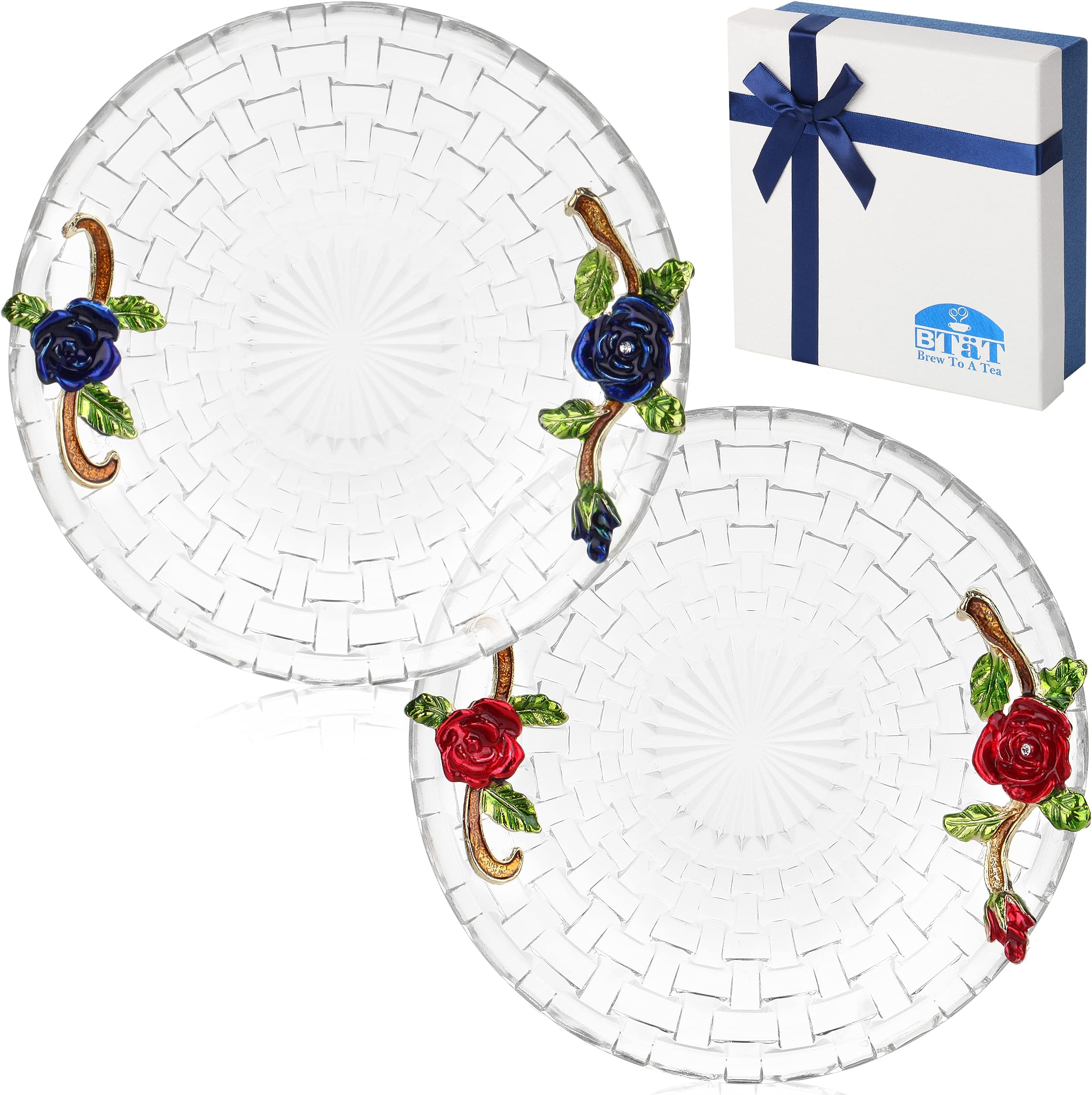 BTaT- Fancy Dessert Plates with Gift Box, 6 Inch, Set of 2, Round Glass Dessert Plates with Blue and Red Flowers
