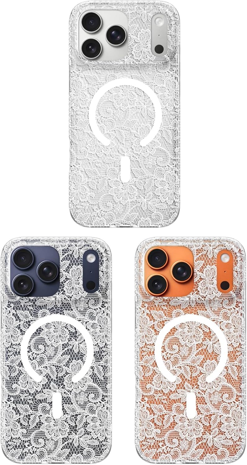 Designed for iPhone 17 Pro Max Case, Clear Lace Floral Pattern, Cute Aesthetic & Elegant Flowers Design for Women [Compatible with MagSafe], Magnetic Shockproof Protective Cover, White