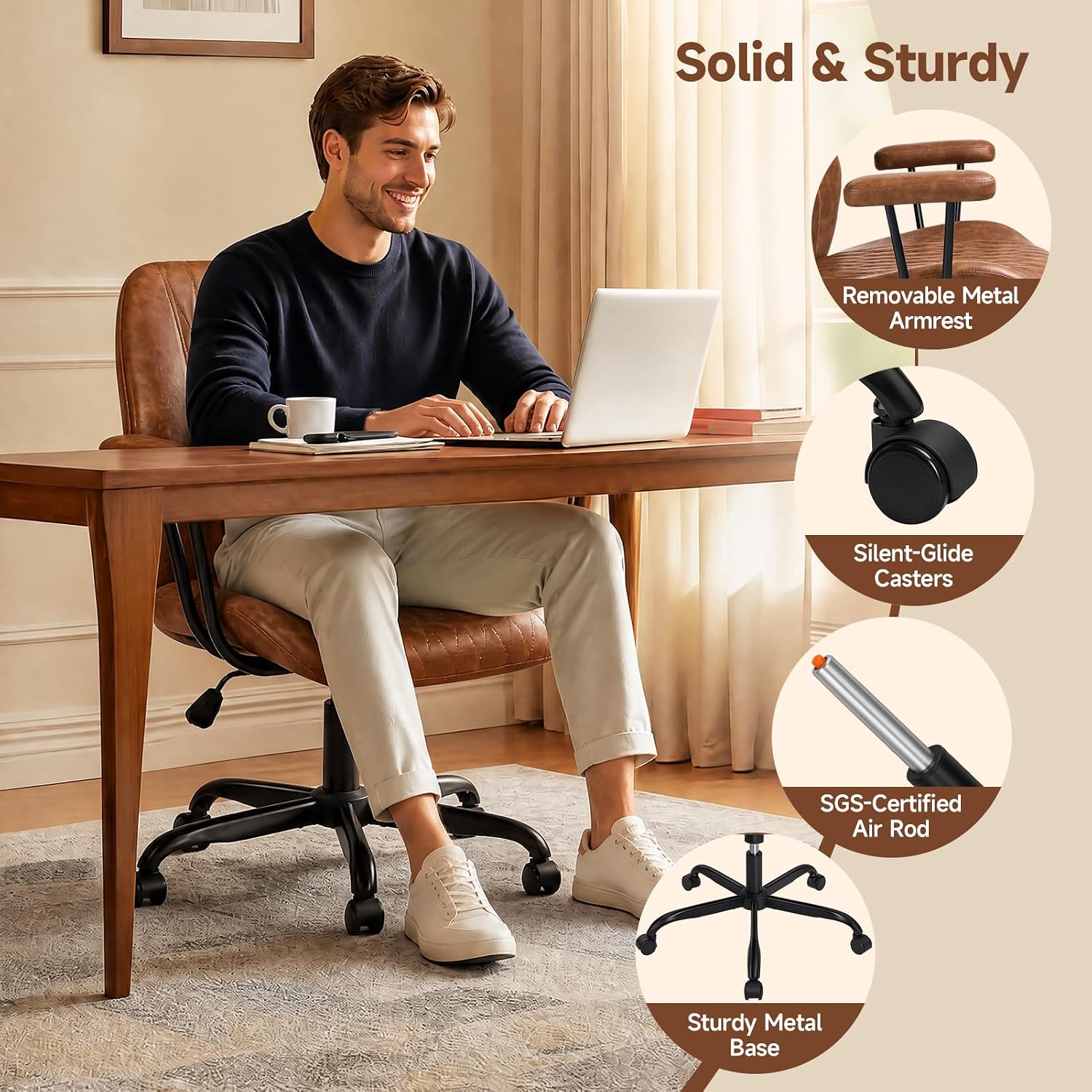 Office Chair, Cross Legged Ergonomic Office Chair with Removable Arms, Home Office Desk Chair with Lumbar Support, 300lbs Faux Leather Swivel Rolling Computer Chair for Work, Gaming, Saddle Brown