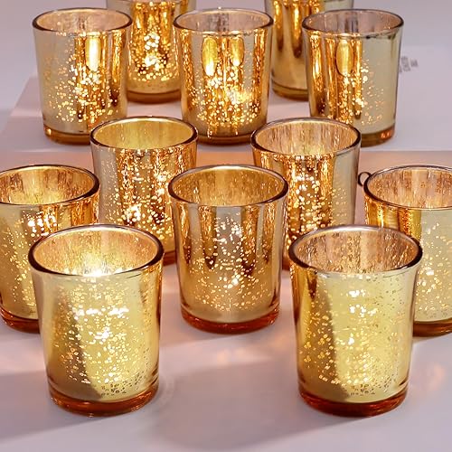 36 portavelas votivas de oro rosa para centro de mesa Portavelas de cristal de mercurio para decoración de aniversario de boda de oro rosa,