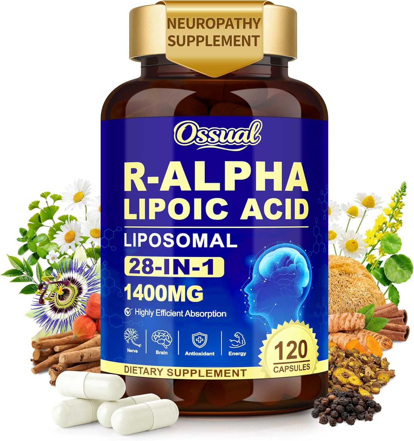 R Alpha Lipoic Acid 1400mg Neuropathy Supplements, 28-in-1 Stabilized ALA Supplements with L-Carnitine, NAC & Benfotiamine, R-ALA Supplement Antioxidant for Nerve, Brain, Energy丨Vegan, 120 Capsules