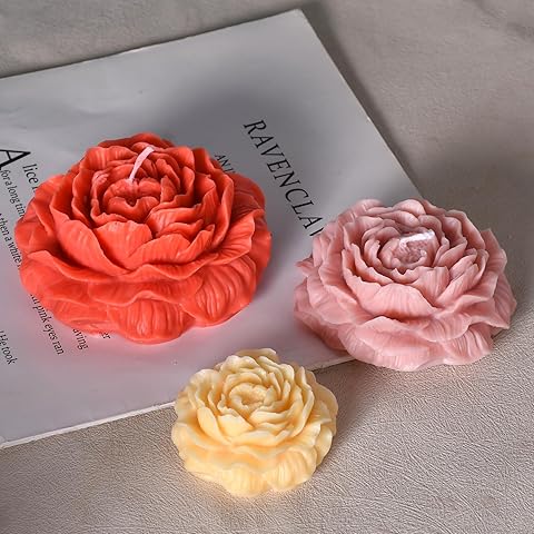 HOMYCOCO Set of Large + Medium + Small Peony Flower Candle Molds with Wick Pin and 50 Wicks Candle Soap Epoxy Resin Wax Mold Silicone Mold for Candle Craft Cake Chocolate Making Kit Gift Decoration