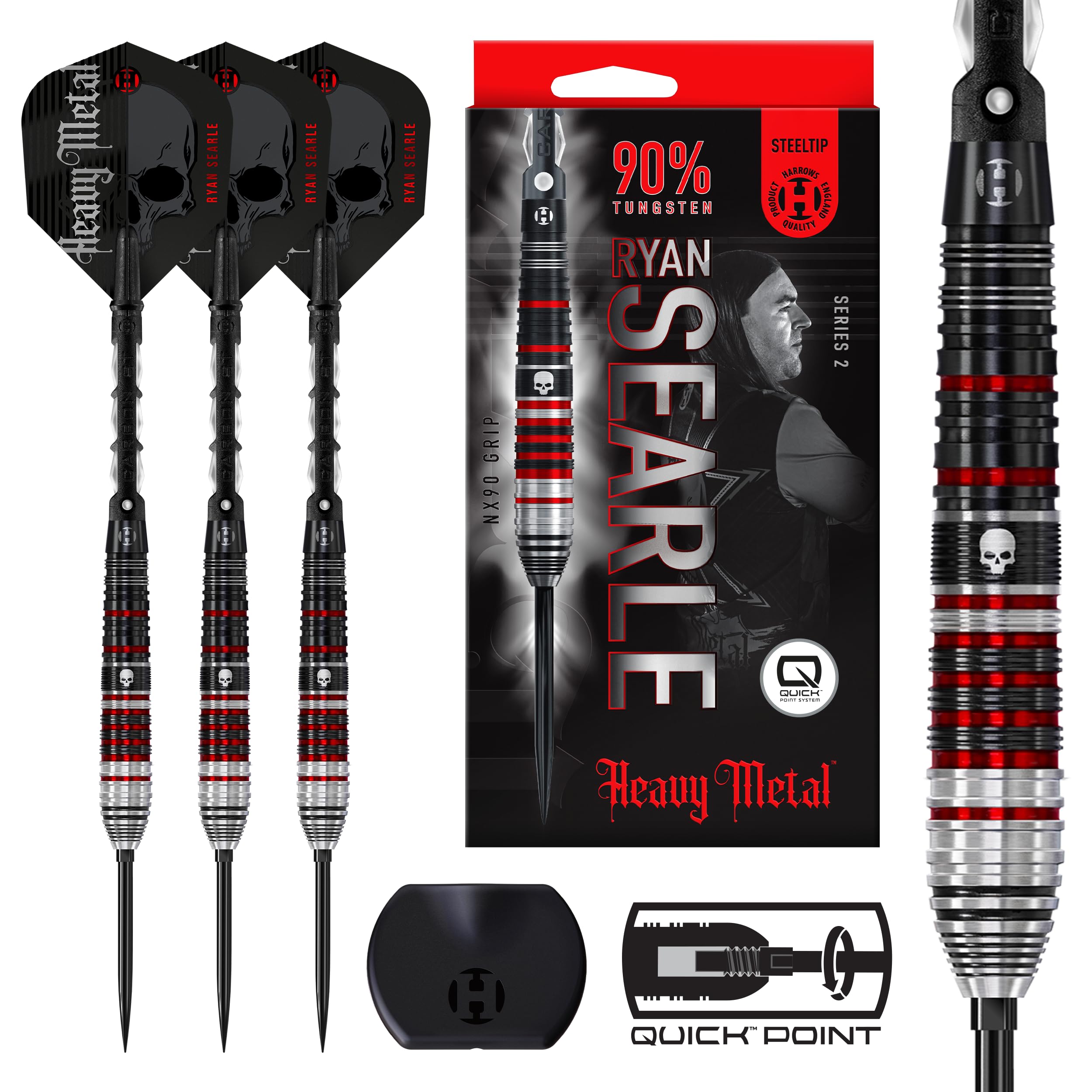 Harrows Ryan Searle Heavy Metal Series 2 Player Darts Set (30G) | 90% Steel Tip Darts Set with Quick Point Change System 10pc Set with Carbon ST Midi Shafts | Professional Darts