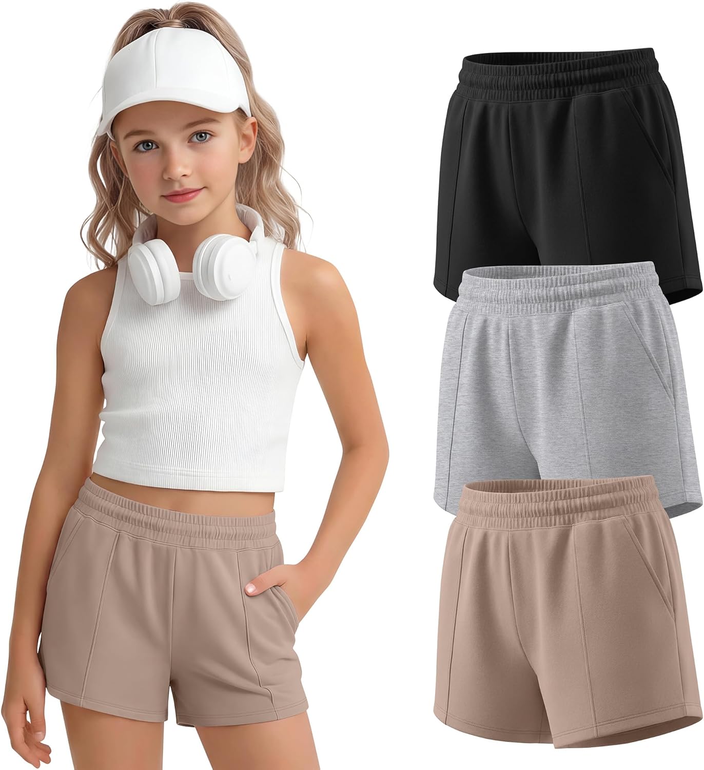 3 Pack Girls Shorts Summer Athletic Shorts Kids Casual Elastic Waist SweatShorts with Pockets Cute Clothes for Teen