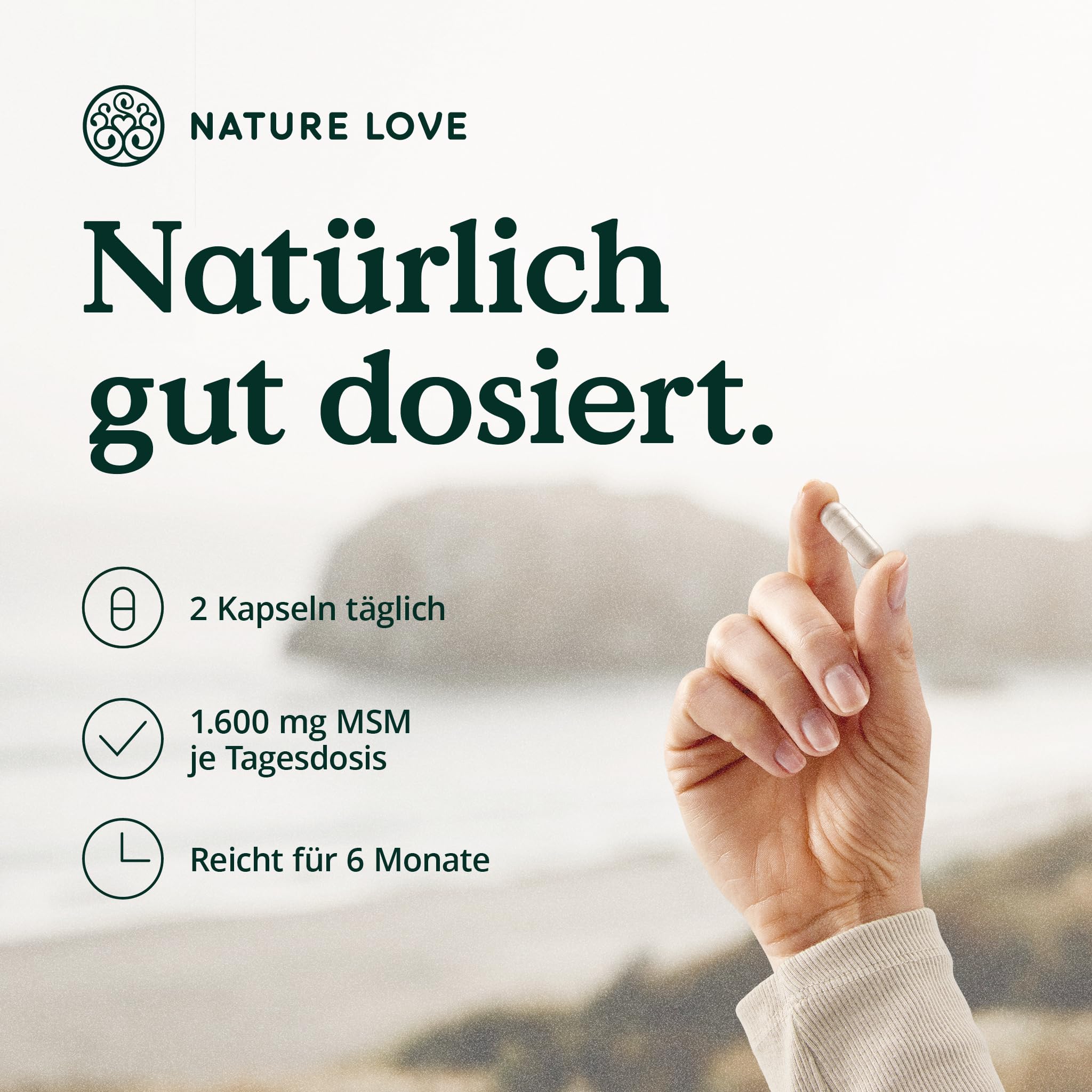 NATURE LOVE® MSM Kapseln - 365 Kapseln - 99,9% Reinheit - Hochdosiert mit 1600mg MSM Pulver je Tagesdosis - Optimal Bioverfügbar - Vegan, Laborgeprüft und in Deutschland hergestellt