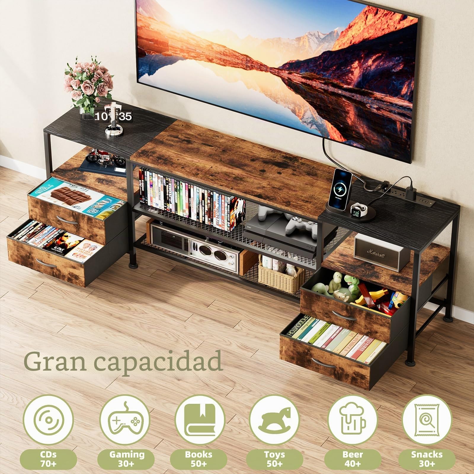 Mueble TV con Enchufe y LED, Mesa TV de hasta 70 Pulgadas, Marrón | 40x160x63cm Mesa Television para Salón Dormitorio Cines en Casa, Espacio de Almacenamiento de Gran Capacidad, Marco de Acero