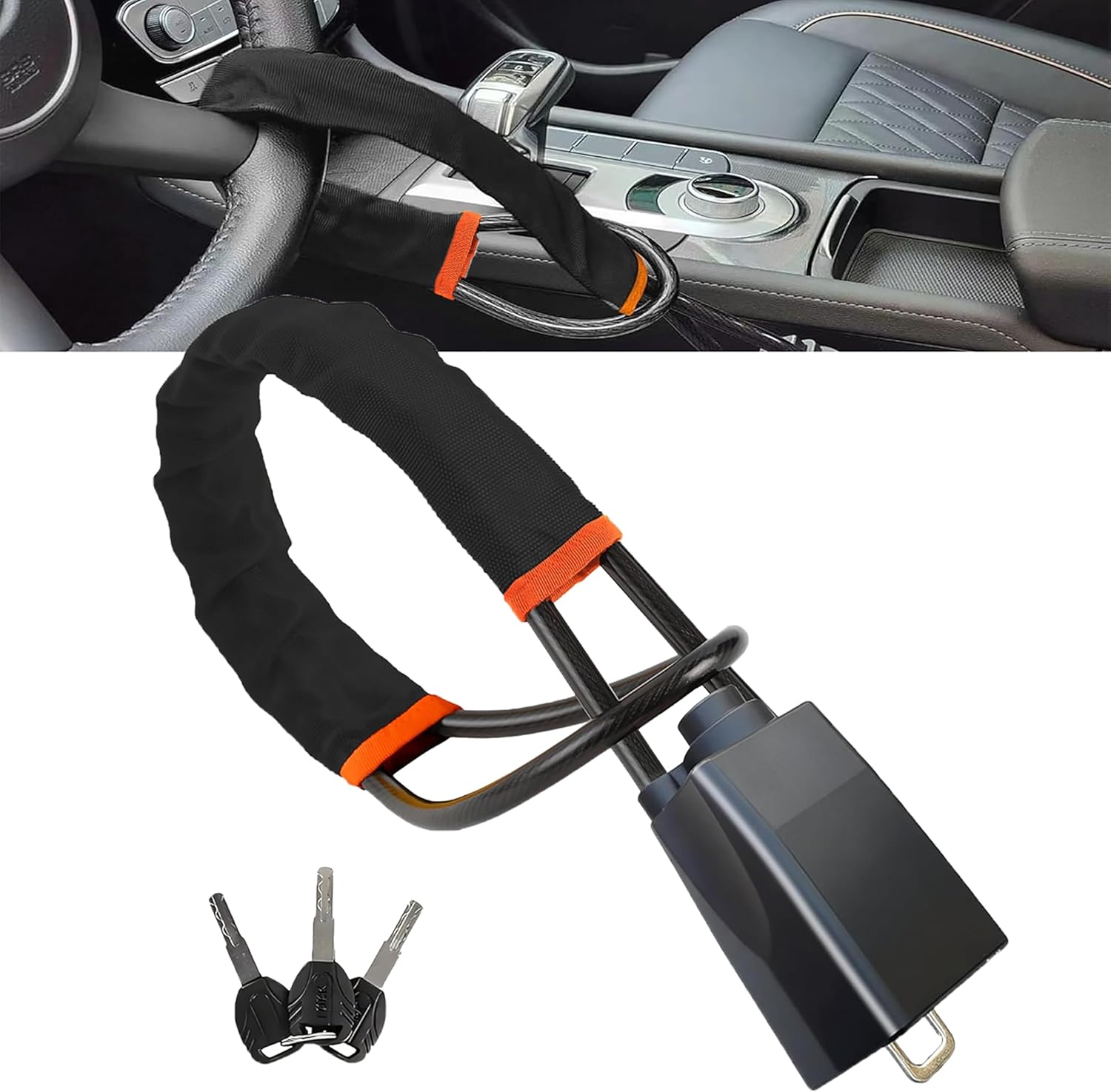 Universal Car Steering Wheel Lock and Seatbelt Lock, O-MKAC Double-Layer Anti-Theft Device with 3 Keys, Fits Most Cars, SUVs, Vans, Trucks, 17 Inch Adjustable, Lightweight & Portable (Black)