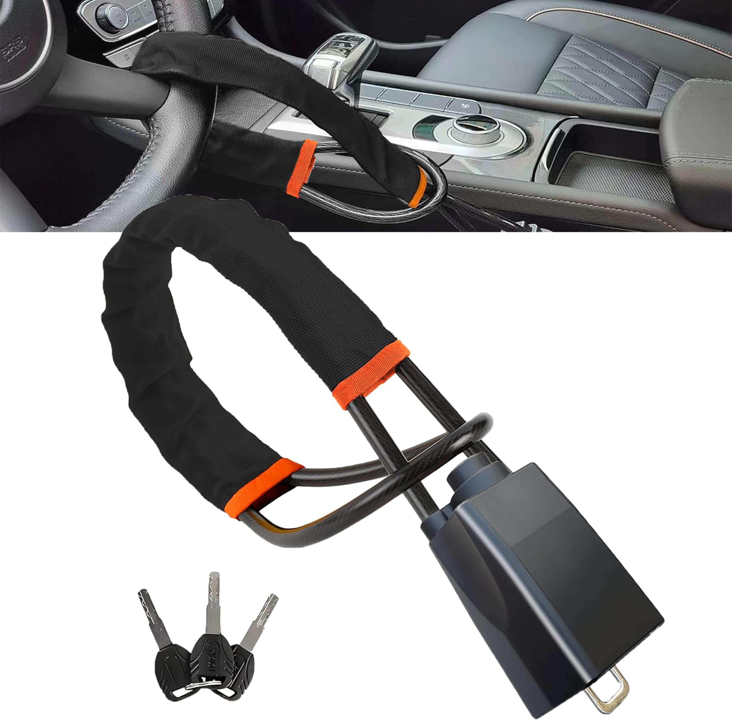 Universal Car Steering Wheel Lock and Seatbelt Lock, O-MKAC Double-Layer Anti-Theft Device with 3 Keys, Fits Most Cars, SUVs, Vans, Trucks, 17 Inch Adjustable, Lightweight & Portable (Black)
