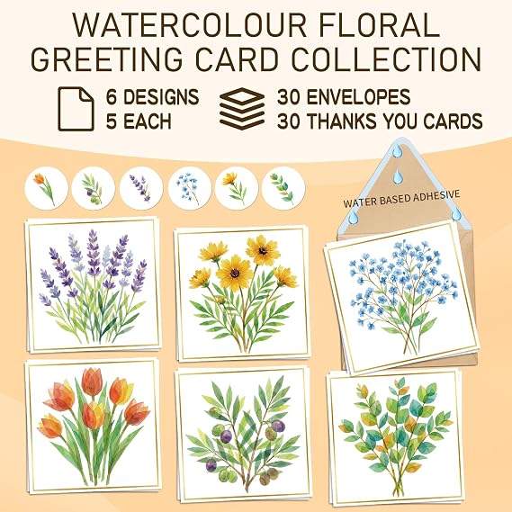 30 Pack Blank Greeting Cards with Envelopes & Stickers Gold Foil