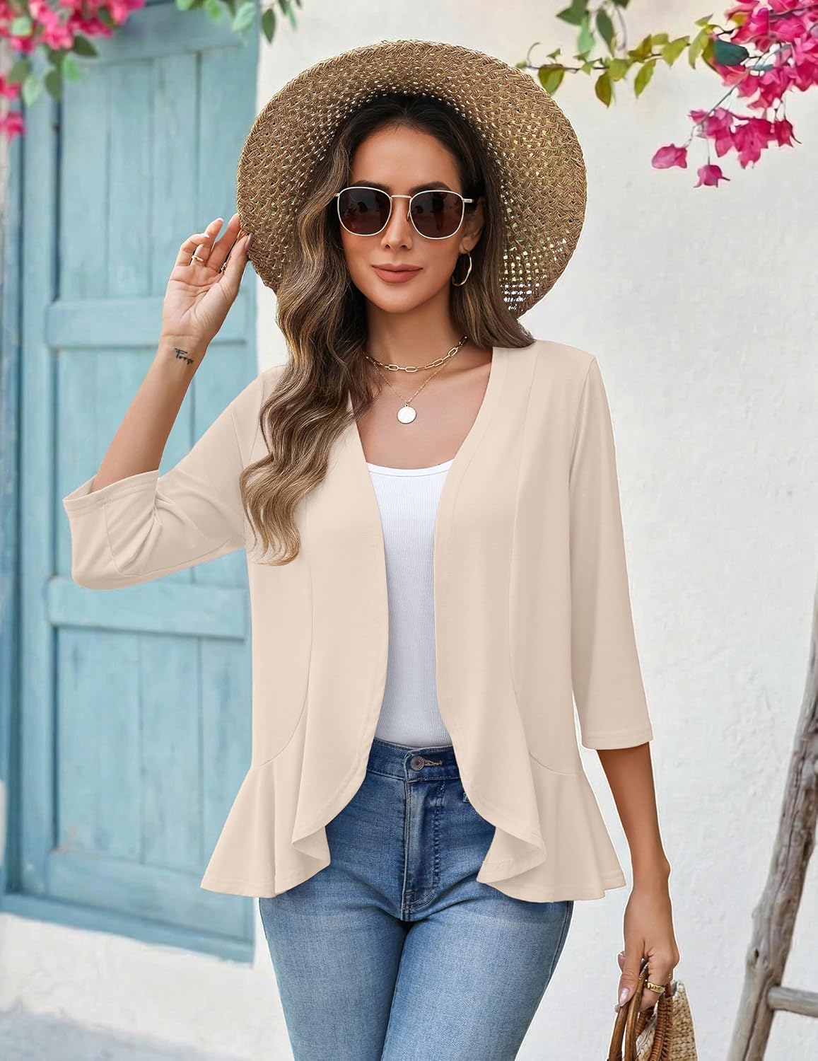 Zeagoo Women's 2026 Summer 3/4 Sleeve Lightweight Cardigans Sweaters Open Front Draped Ruffles Kimono Coverups - Image 5