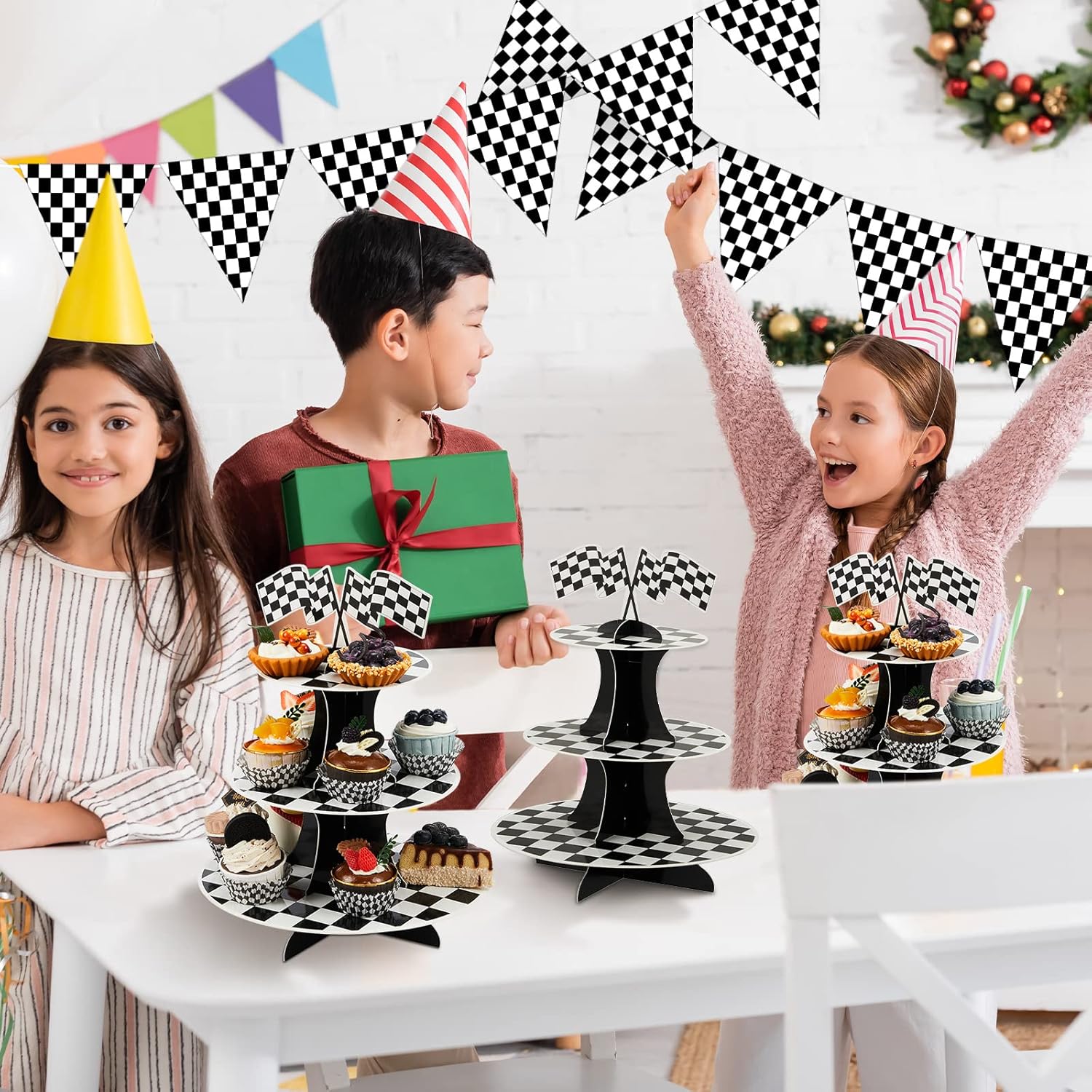 Tessco for you 3 Sets 3 Tier Round Race Car Cardboard Cupcake Stand with 100 Set Checkered Baking Cups Liners Flag Race Car Party Decorations for Cars Birthday Black and White Fast Party Supplies