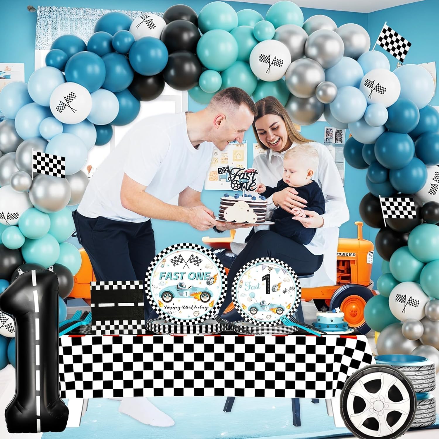 Fast One Birthday Decorations for Boys, 1st Birthday Decorations Boy, Retro Race Car Themed Backdrop Banner Tablecloth Tableware with Plates Napkins Forks for Vintage Blue First Party Supplies