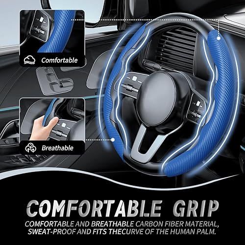 Vista 65 de WOCOCN 2 fundas para volante de automóvil, protector antideslizante de fibra de carbono para hombres y mujeres, múltiples opciones de color, Beige