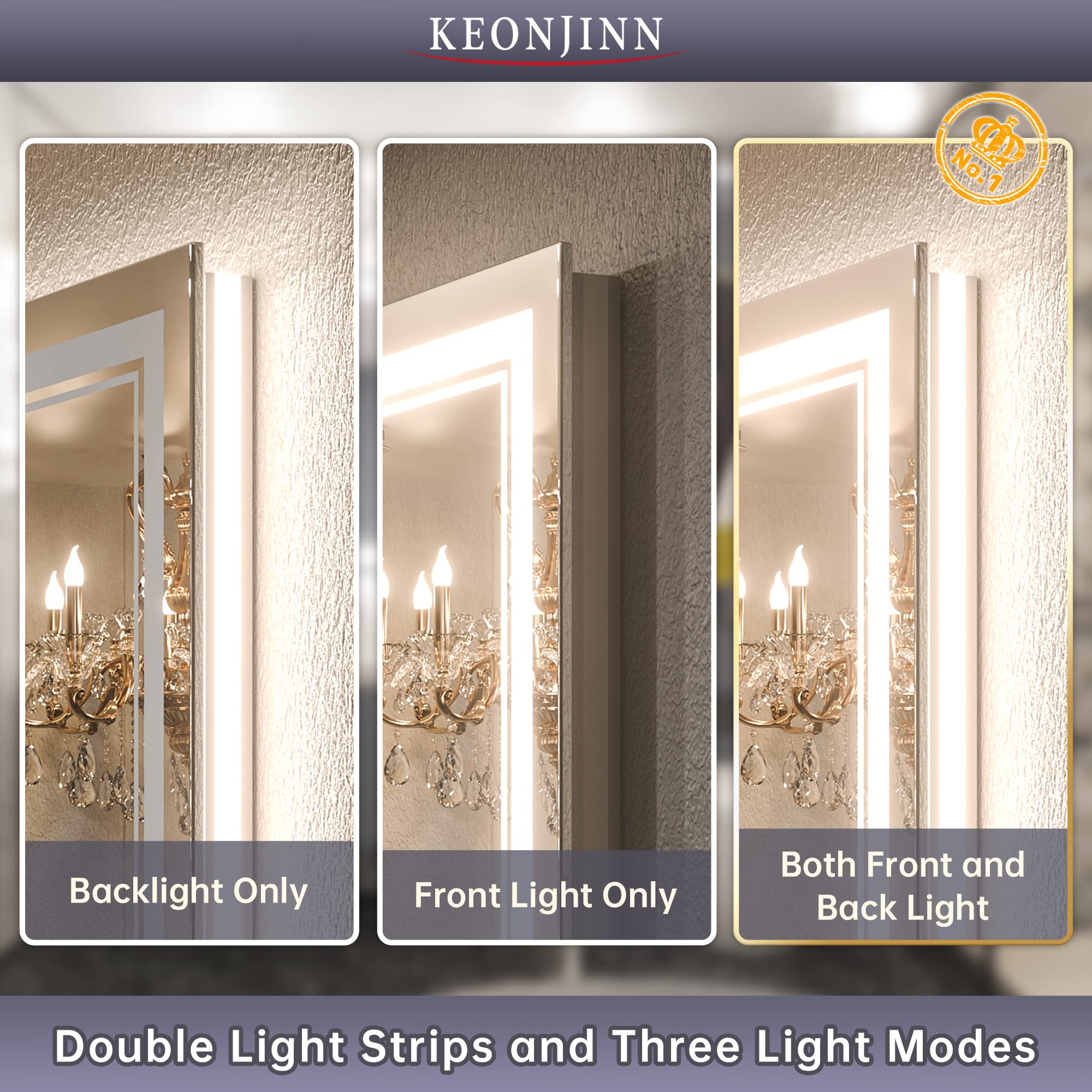 Keonjinn LED Bathroom Mirror 60" x 36" with Frontlit and Backlit, Large
