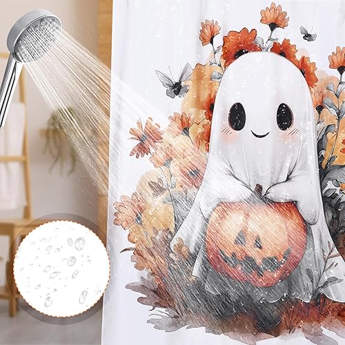 Miniatura 5 de Juego de 4 cortinas de ducha de Halloween para baño, fantasma, calabaza, cortina de baño de Halloween, incluye cortinas de ducha fantasma, alfombra