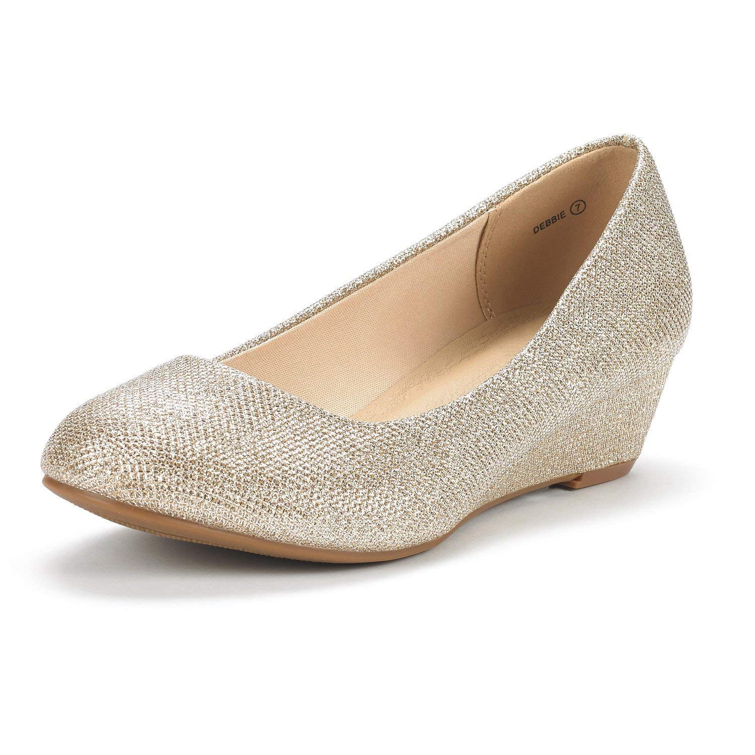DREAM PAIRS Women's Debbie Mid Wedge Heel Pump Shoes, Gold/Glitter, Size 8