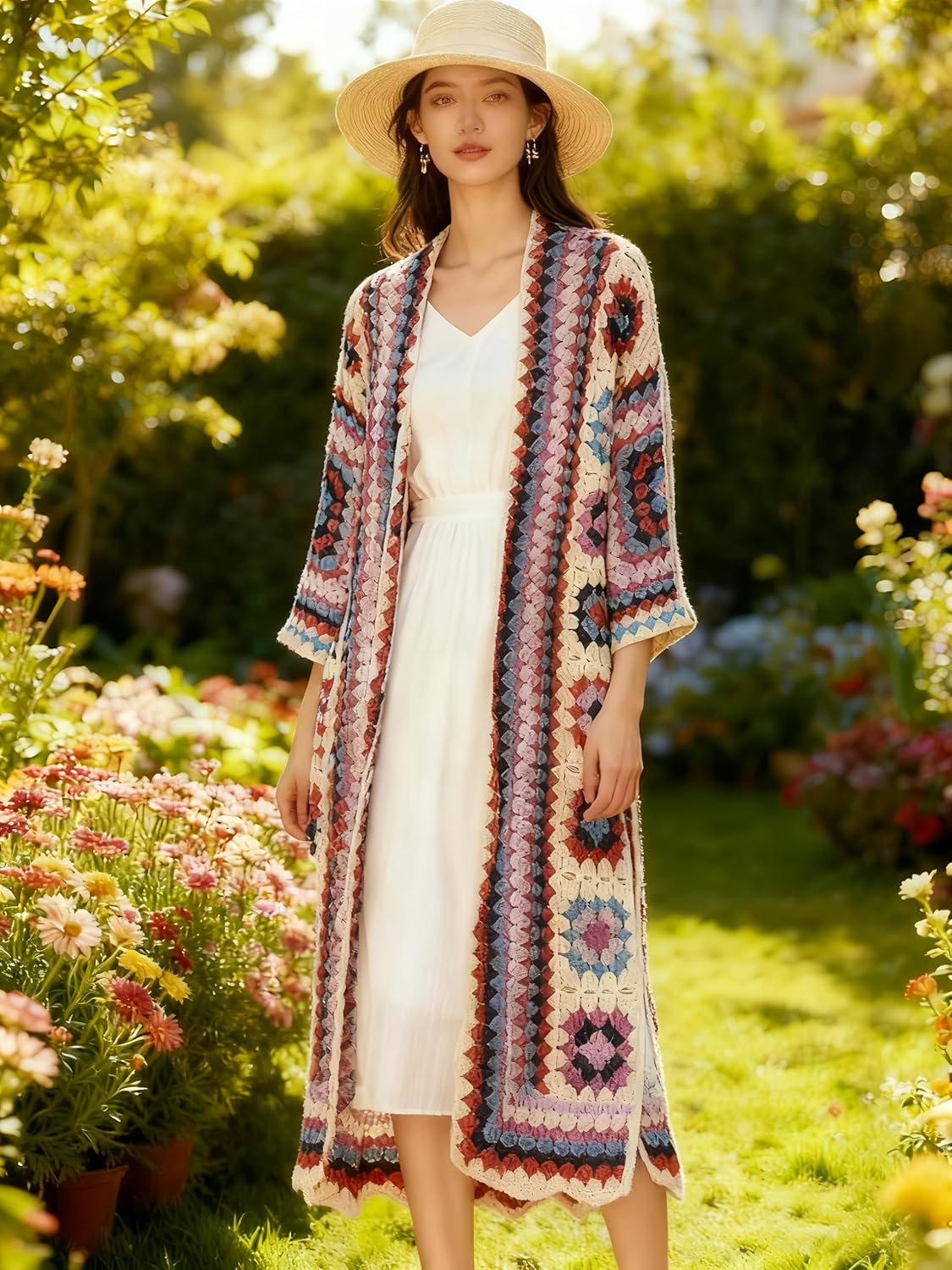 Red and Blue Bohemian Crochet Kimono, Long Lacy Beach Cover Up, Handmade Vintage Resort Cardigan