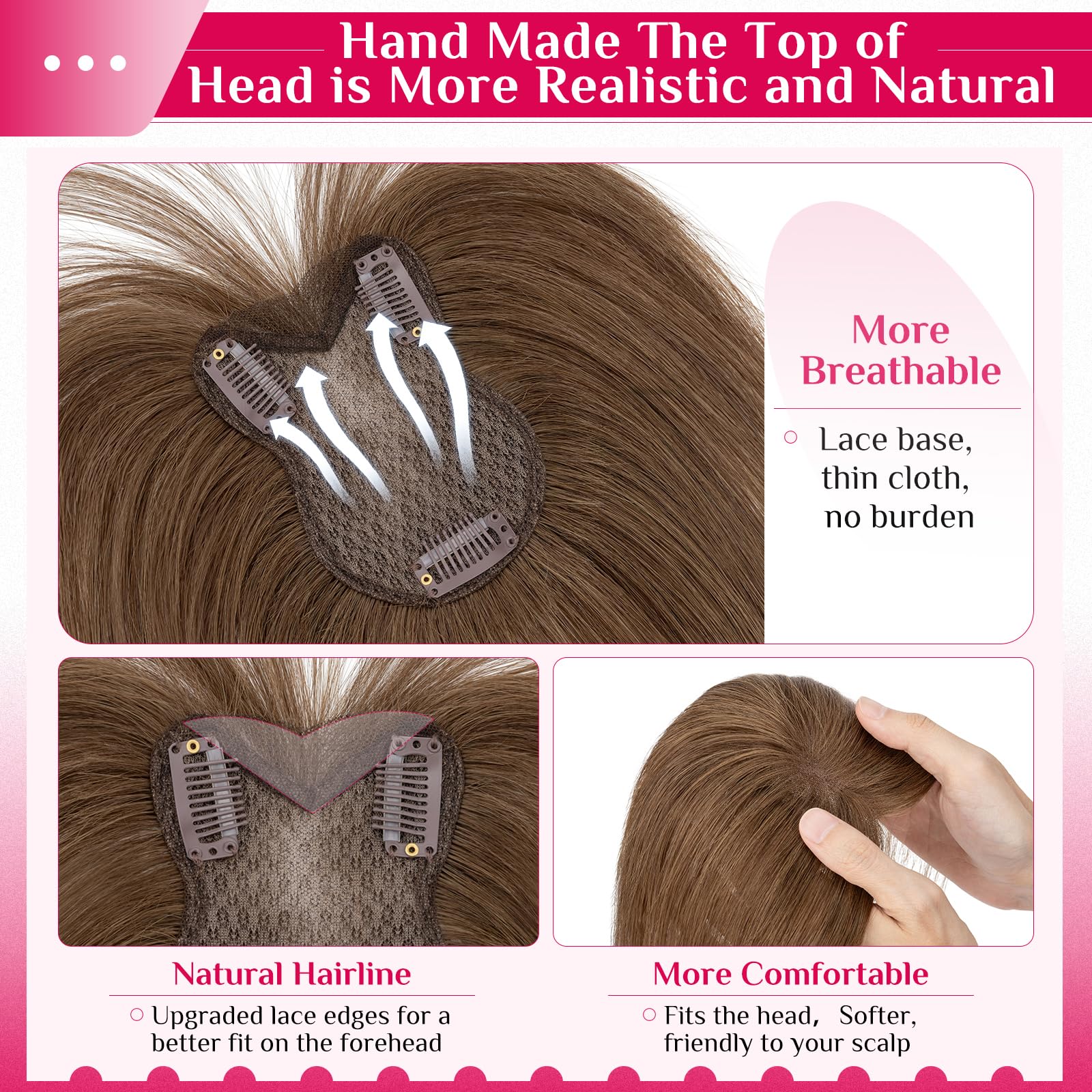 MY-LADY Topper Cabello Humano Mujer, Flequillo Postizo Pelo Natural, Marrón Chocolate 21g