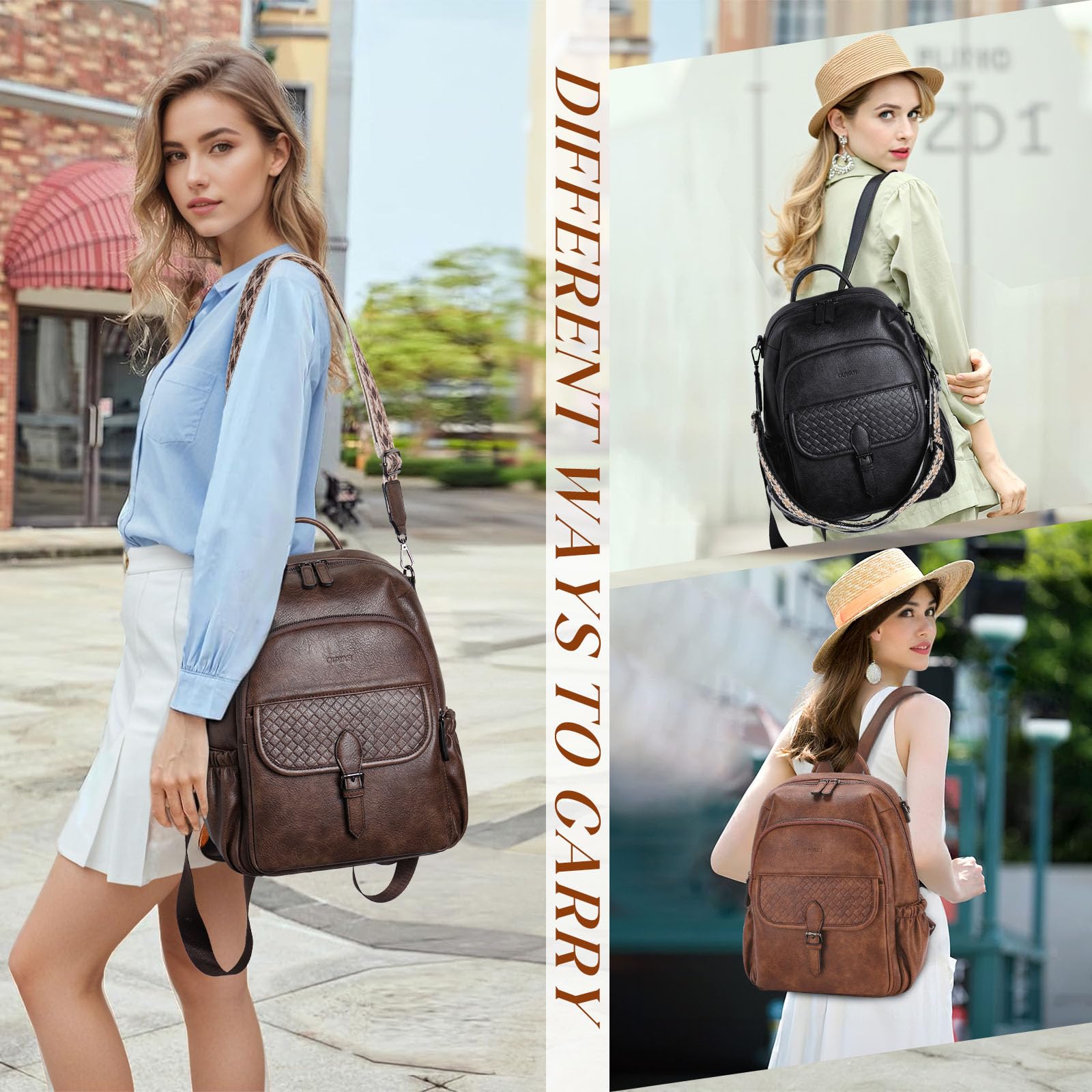 RAVUO Mochila Mujer,Bolso Mochilas de Cuero PU Impermeable Casual Mochila Casual Bolso de Bandolera Piel para Escuela Viaje Compras,Marrón