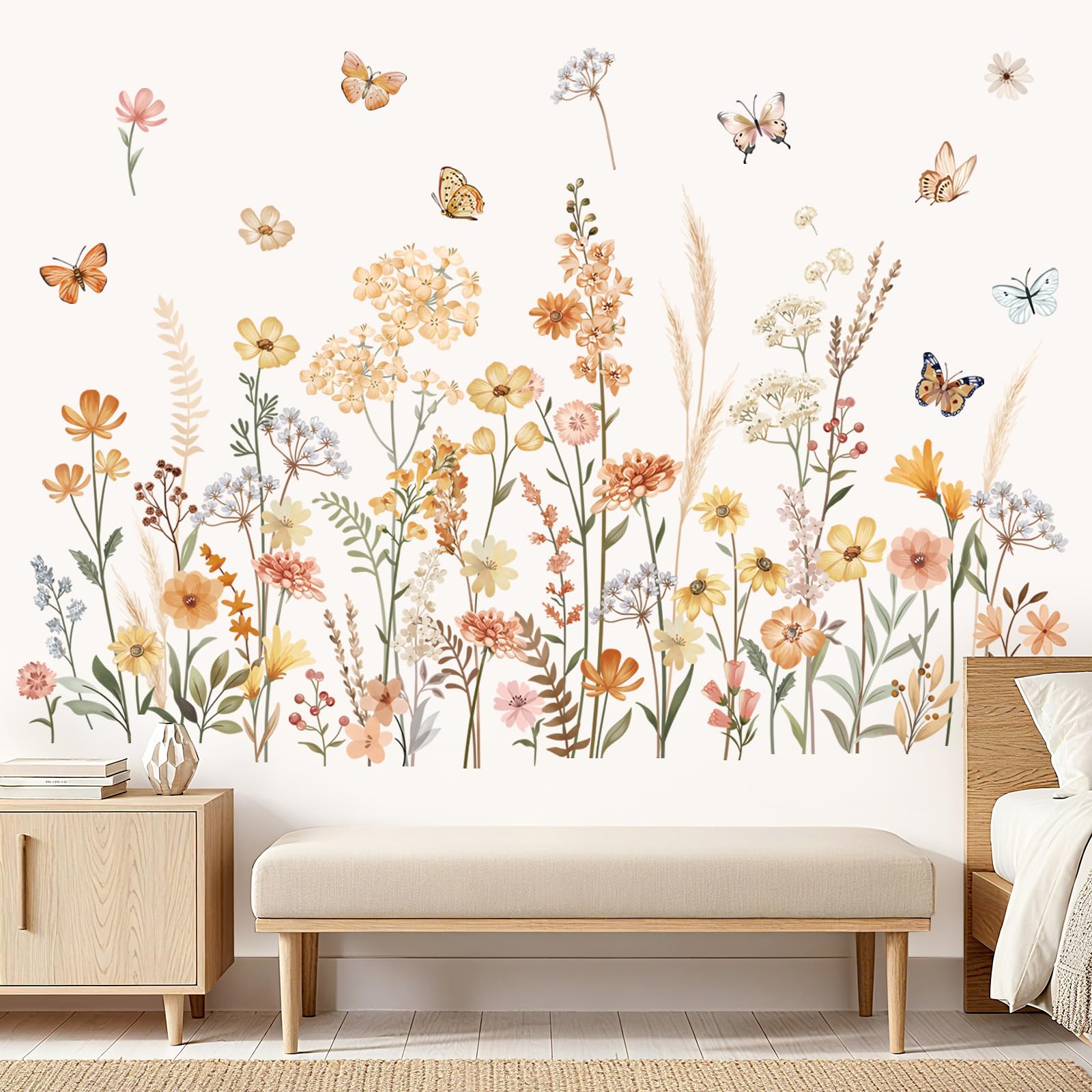 wondever Pegatinas de Pared Jardín de Flores Boho Adhesivos Decorativos Flores Silvestres Hierba Mariposas Vinilos Pared para Habitación Niña Dormitorio Salón