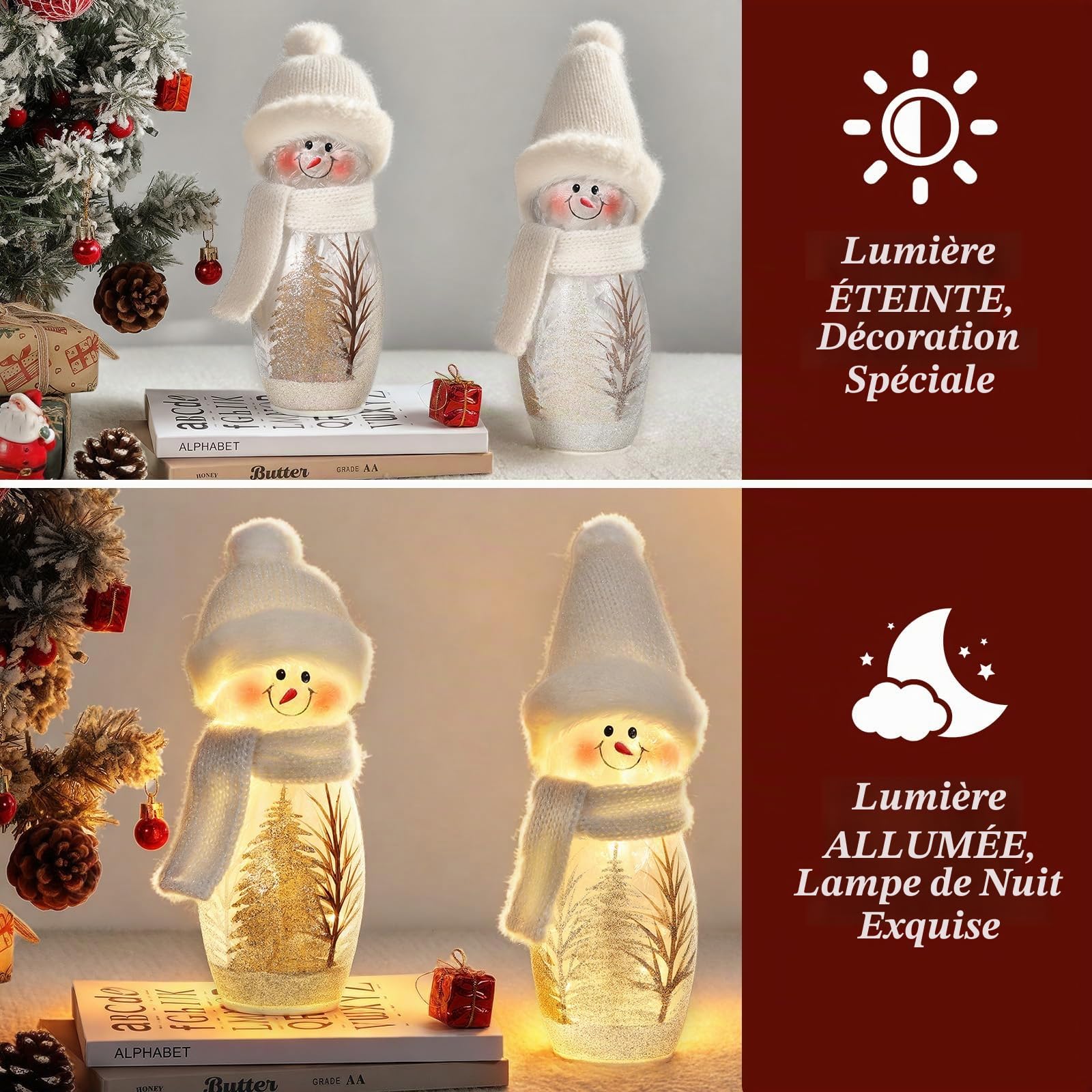 Lewondr 2PCS Décorations De Table De Noël, 9,45" Figurines De Bonhommes De Neige Lumineuses, Bonhommes De Neige en Verre Craquelé De Noël avec Écharpes Et Bonnets Tricotés pour La Maison