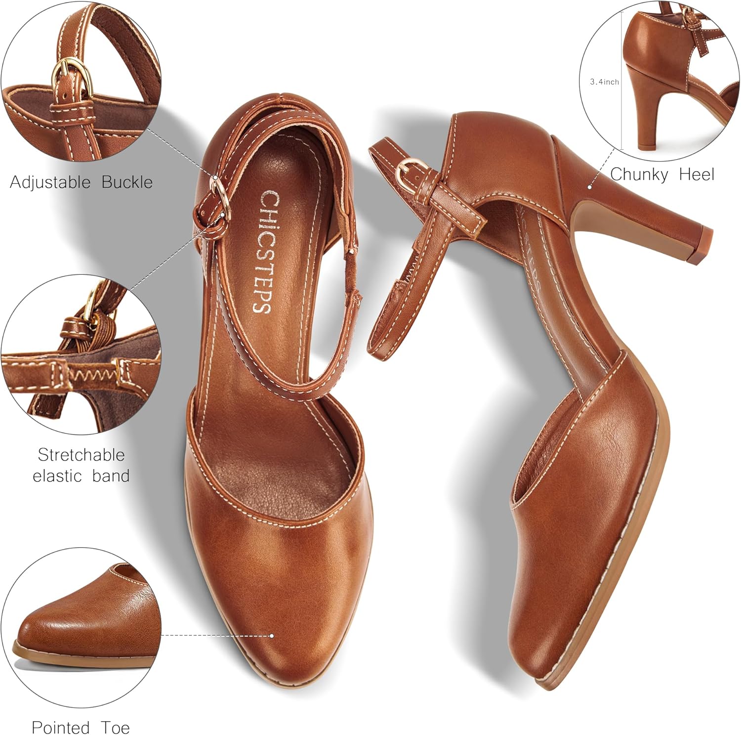 Womens Chunky High Heels Closed Toe Ankle Strap Pumps Vintage Shoes,COUTGLOWS-Brown-10 - Image 4