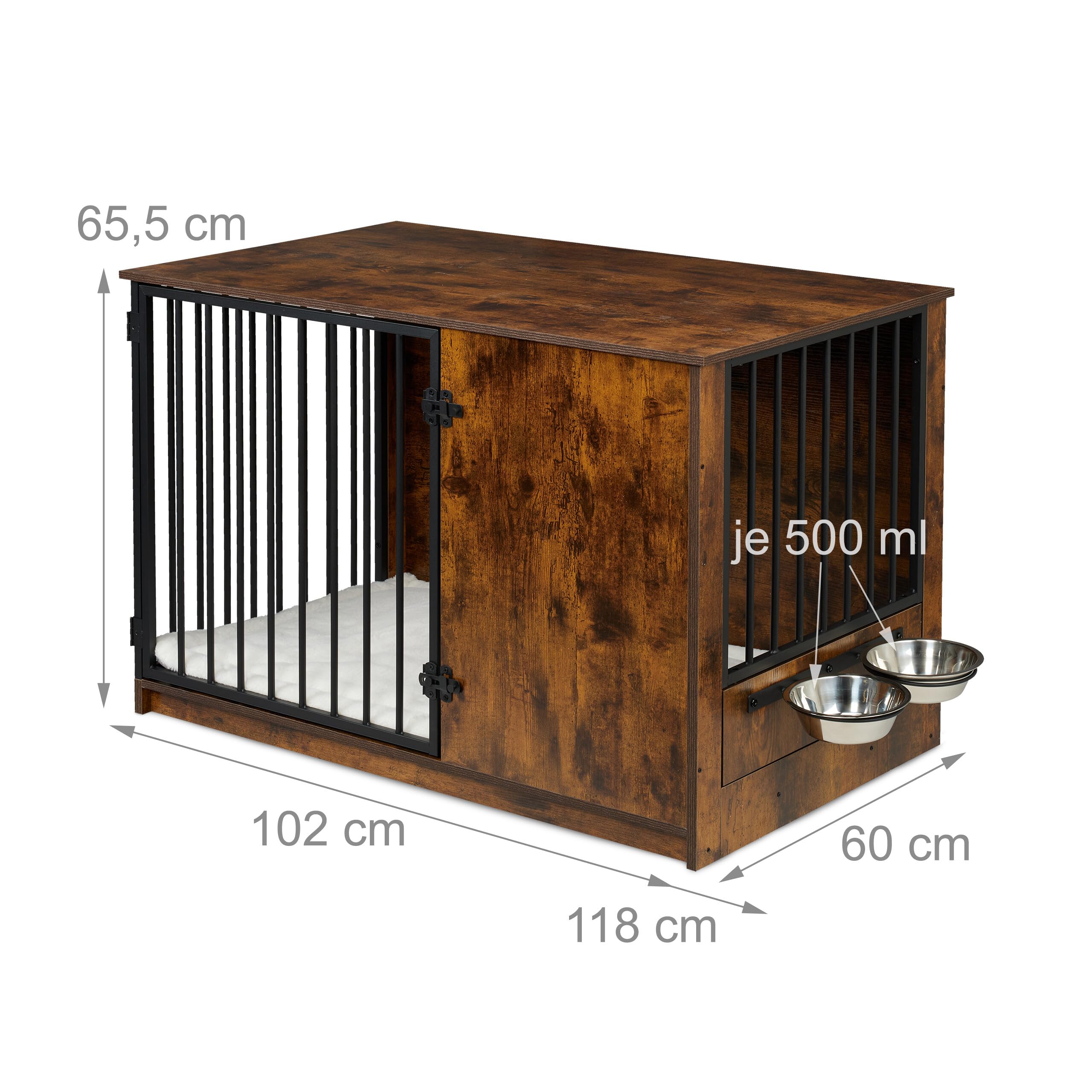 Relaxdays Box pour Chien en MDF et métal, Meuble Industriel Marron, H x L x P : 65,5 x 102 x 60 cm, 2 gamelles