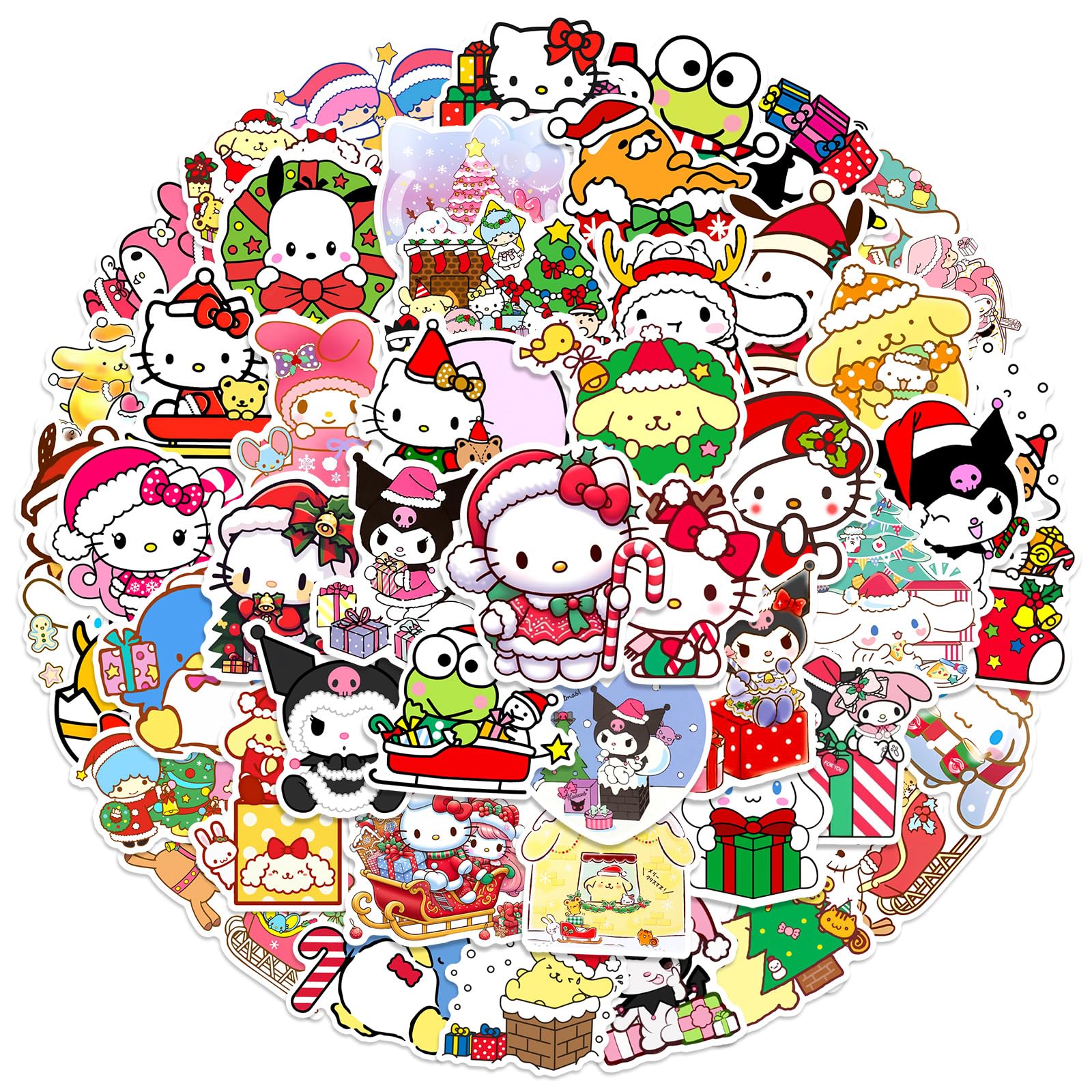50pcs Kawaii Sanrio Christmas Stickers for Kids, Cute Anime Hellokitty My Melody Kuromi Waterproof Vinyl Decal for Teen Girl Notebook Laptop, Water Bottle, Guitar, Travel Case, Phone, Bike