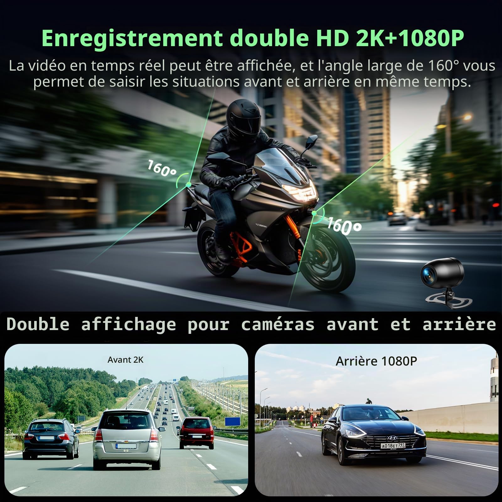 Volam Ecran Carplay Moto, Portable sans Fil Carplay et Android Auto pour Moto avec 2K+1080P Caméra Tableau Bord Avant et Arrière,5,5 Pouces écran Tactile, Navigation, Siri/G-oogle, APP, Carte 64TF