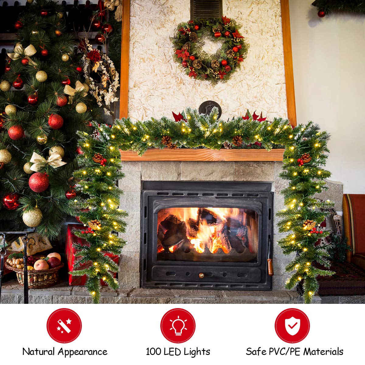 DREAMADE Guirlande Sapin Artificiel 270CM avec 100 Lumières LED, Couronnes de Noël Lumineuse en PVC et PE avec Pommes de Pin&Baies Rouges, Décoration Idéale pour Porte, Fenêtre, Escalier, Cheminée