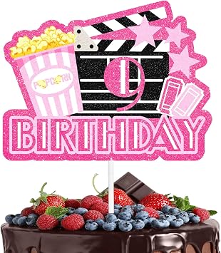 Movie Night Cake Topper, Teen 9th Birthday, Happy Popcorn Video Recorder Decoration, Cinema Party, Boy and Girl, Pink