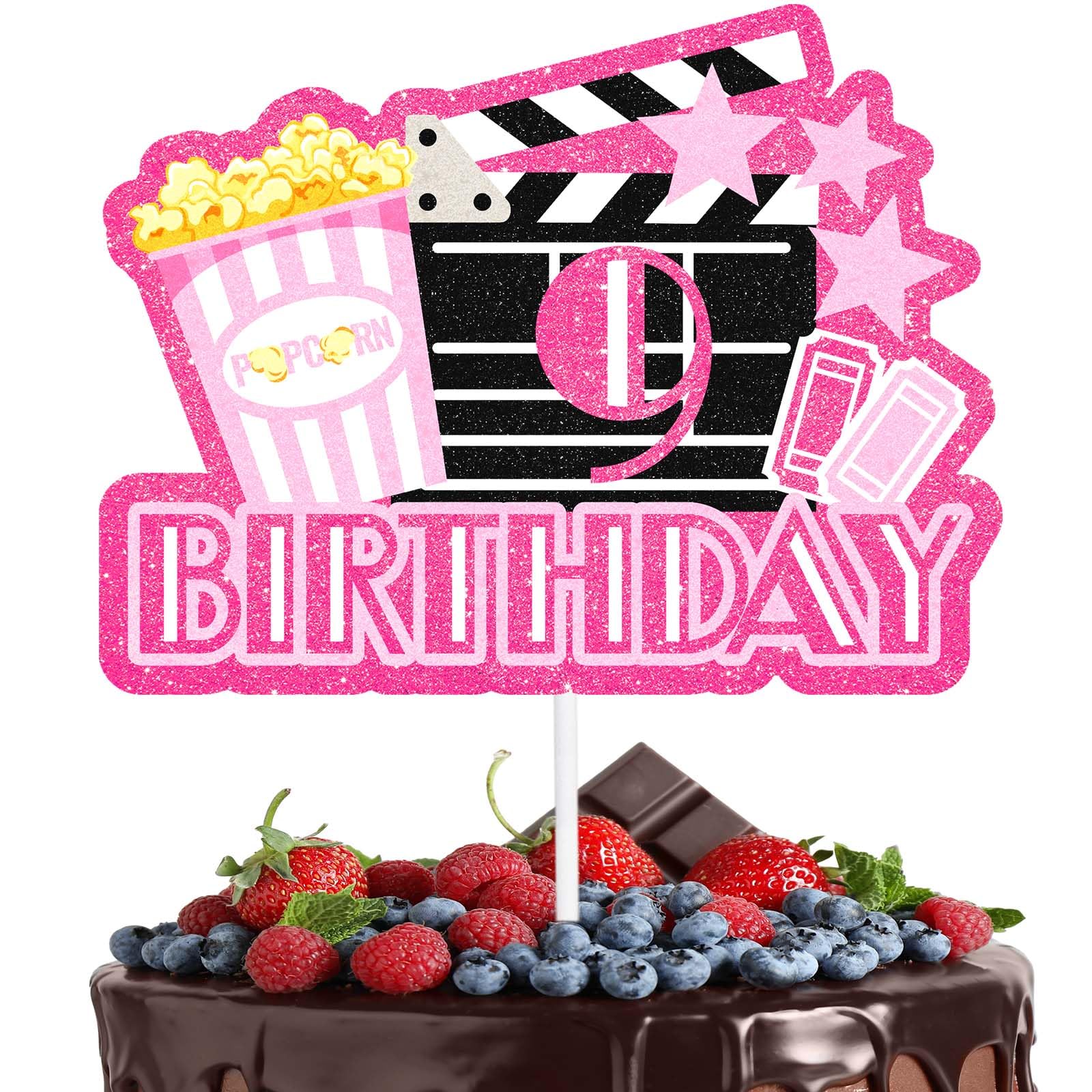 LIANGSS Movie Night Cake Topper, Teen 9th Birthday, Happy Popcorn Video Recorder Decoration, Cinema Party, Boy and Girl, Pink