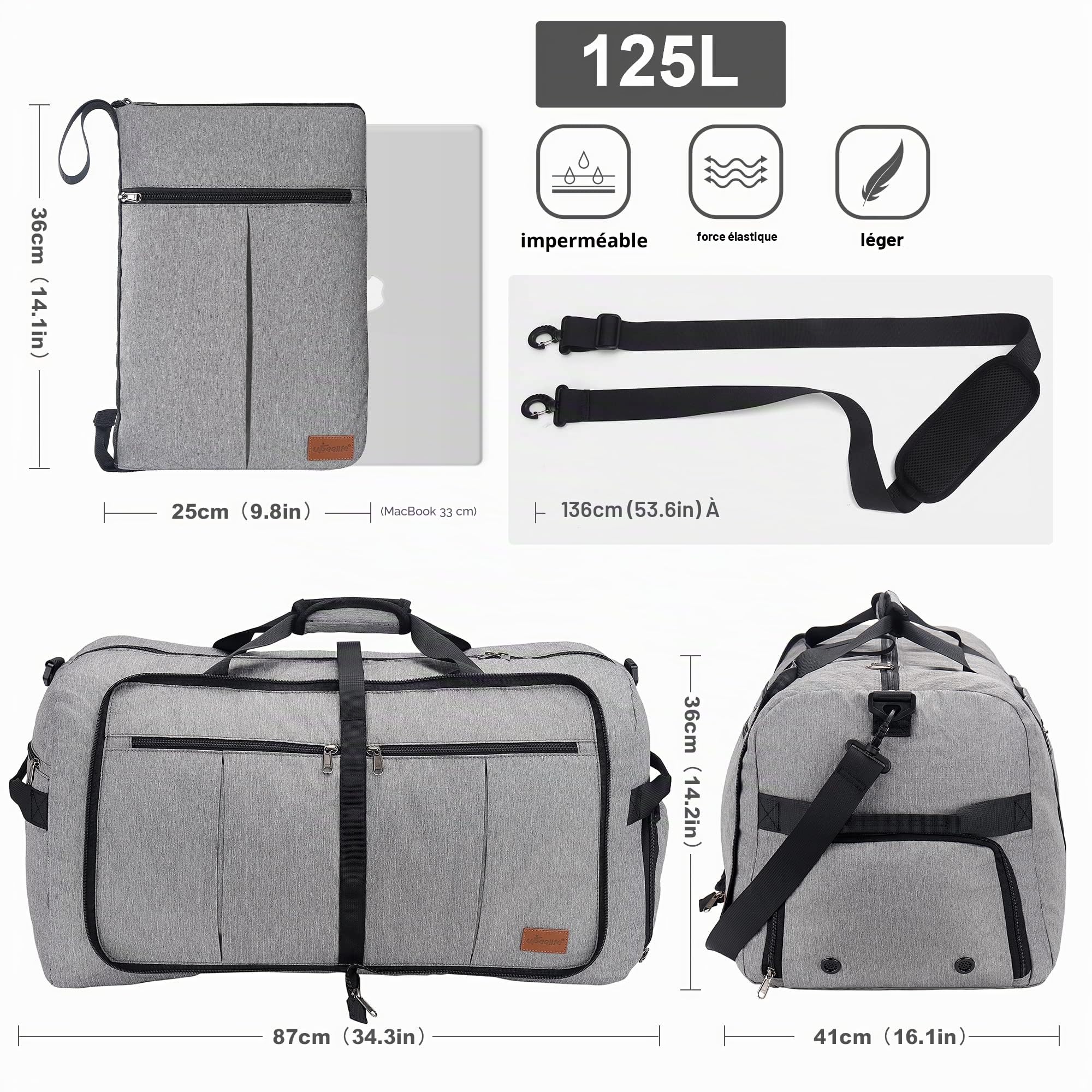 Upeelife Sac Voyage Pliables 125L, Grand Sac de Voyage Femme Homme Sac de Sport, Etanche Sac Weekend avec Compartiment à Chaussures et Poche Humide