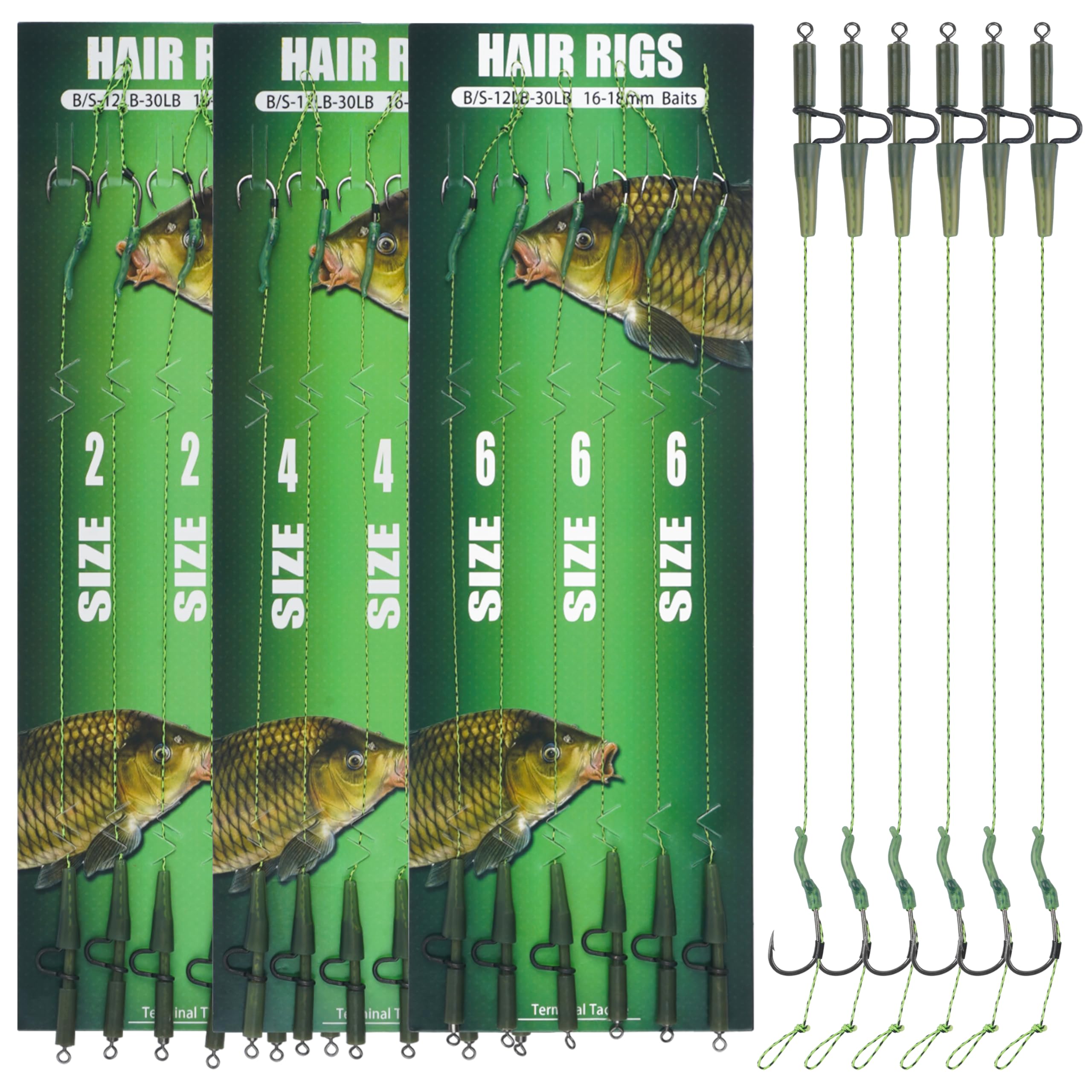 18pcs Carp Fishing Hair Rigs Kit Curved Barb Hooks Braided Thread Line Safety Leader Clips Fishing Bait Rigs Carp Fishing Tackle Accessories