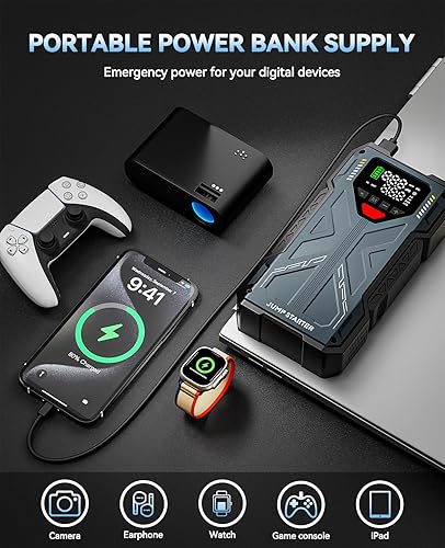 Miniatura 4 de Arrancador con compresor de aire, batería de 4000 A portátil y bomba de aire de inflador de neumáticos de 150 PSI (8.0 L de gas/6.5 L diesel),