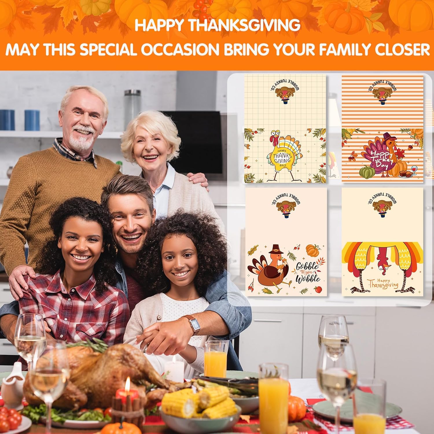 Fulmoon 240 Sets Funny Thanksgiving Greeting Cards Bulk Silly Turkey Gobble Thanksgiving Cards Assortment 4 x 6 Inch Thankful Fall Holiday Card with Envelopes and Stickers for Family Harvest Party