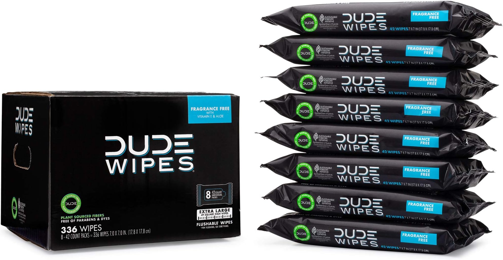 DUDE Wipes - Flushable Wipes - 8 Pack, 336 Count - Unscented Extra-Large Adult - Vitamin-E & Aloe - Septic and Sewer Safe