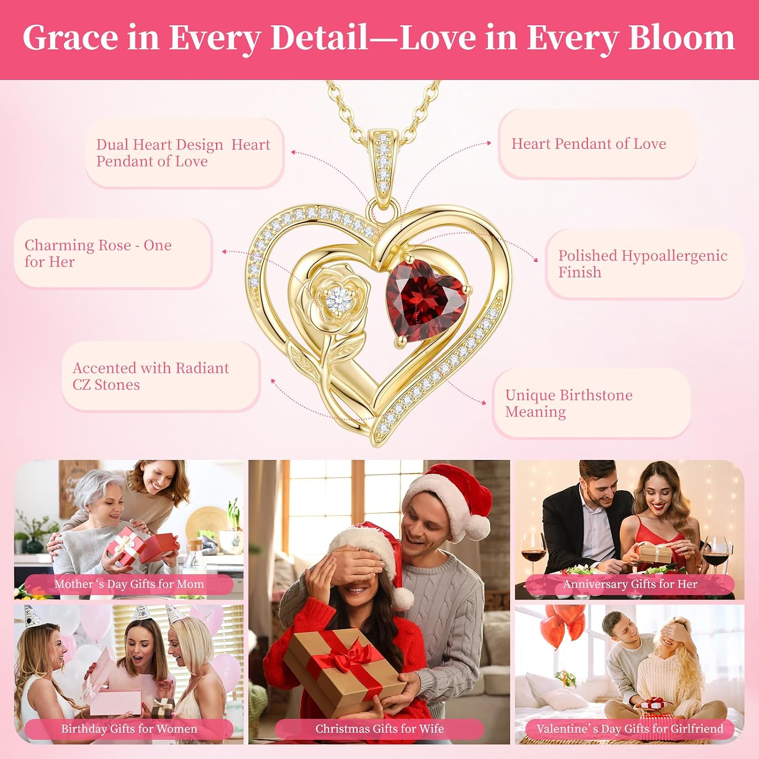 Rose Heart Birthstone Necklaces for Women Exquisite Birthday Wedding Anniversary Mother’s Day Gifts for Mom, Mother, Wife, Girlfriend with Birthstone Pendent Jewelry