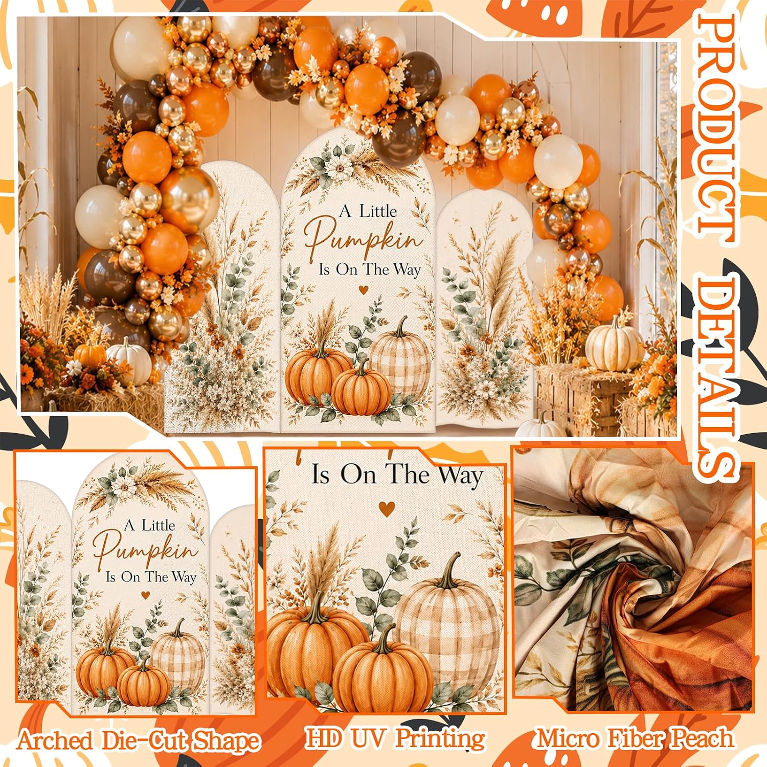 3 Pcs Fall Arch Backdrop Covers Autumn Baby Shower Decorations Pumpkin Wheat Wedding Arch Backdrop Cover Autumn Harvest for Autumn Appreciation Birthday Party image 3