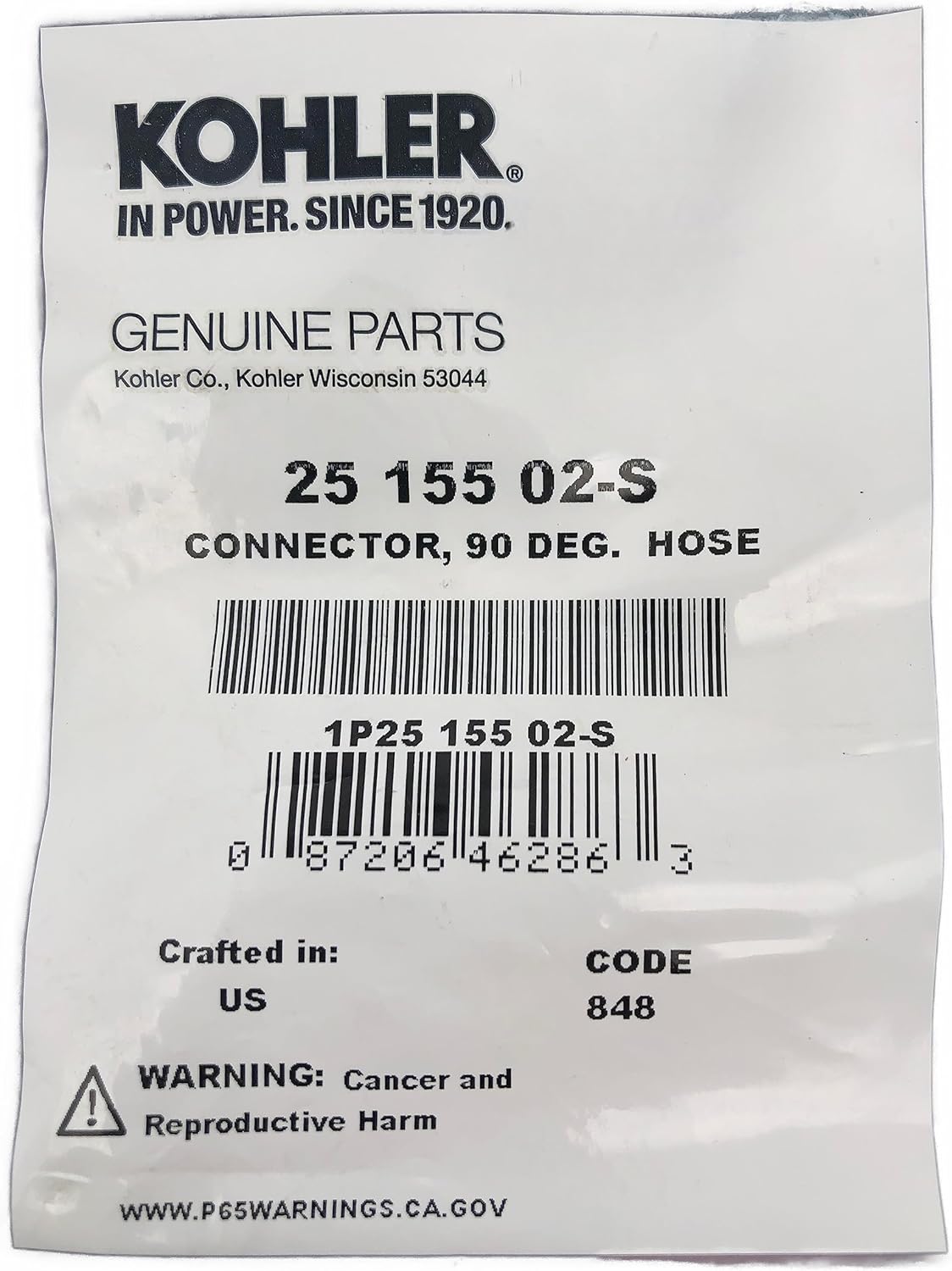 Kohler Connector 90 Deg. Hose 25 155 02S Everything Else