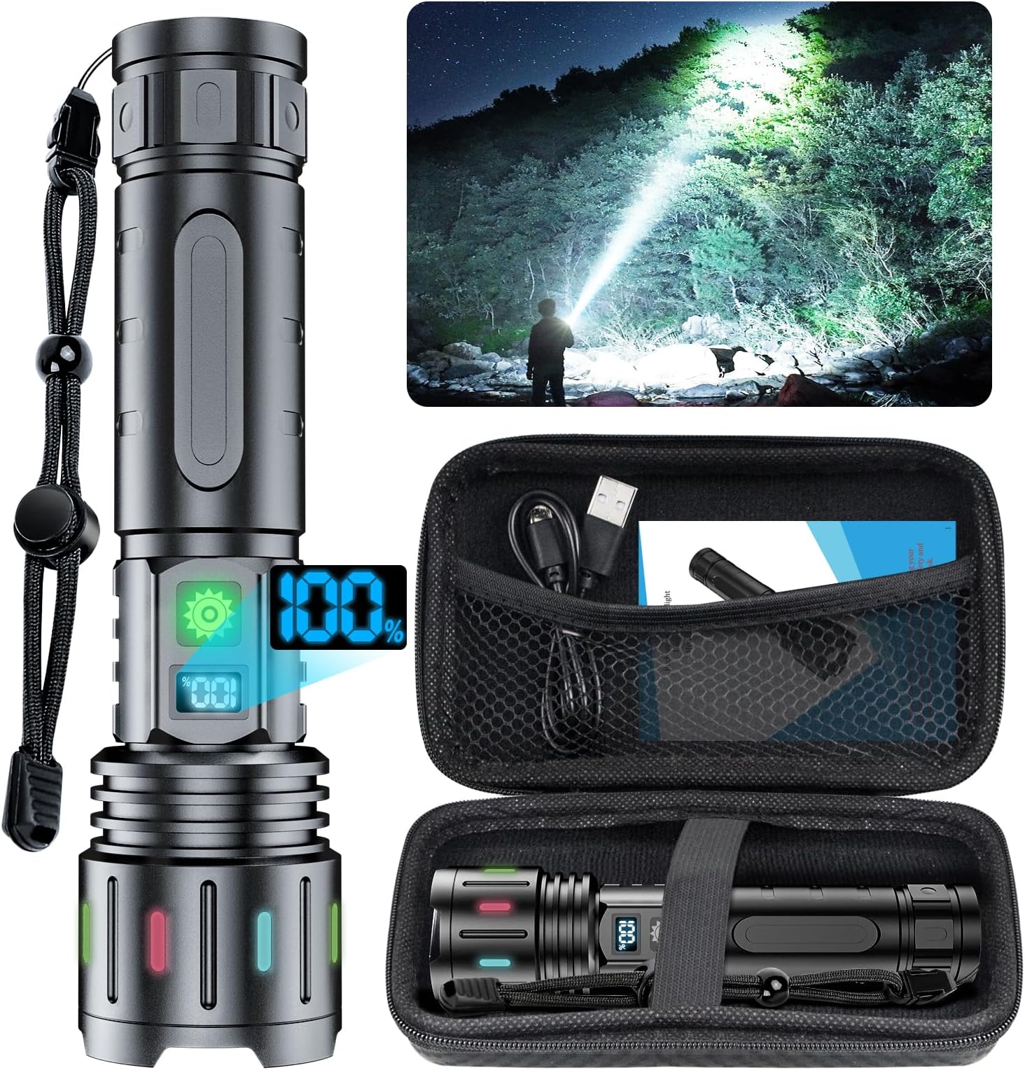 Hoxida Flashlights High Lumens Rechargeable - 1500 Meters Long Beam Super Bright LED Flash Light with Power Display & IPX5 Waterproof for Camping, 20H Runtime,Zoomable Handheld Flashlight-String
