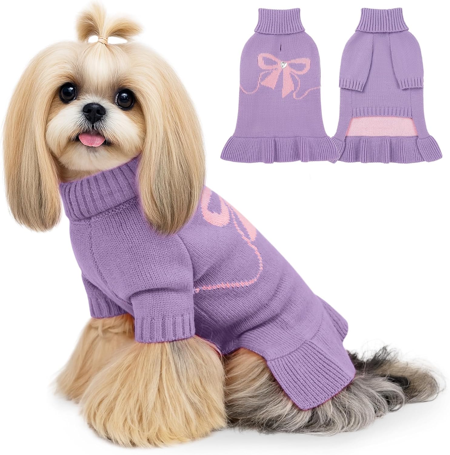 WOYYHO Small Dog Sweaters Dress for Girls, Purple Knitted Sweater with Bow Pattern, Turtleneck Winter Puppy Clothes with Leash Hole & Long Sleeve for Chihuahua Yorkie Maltese - Size S