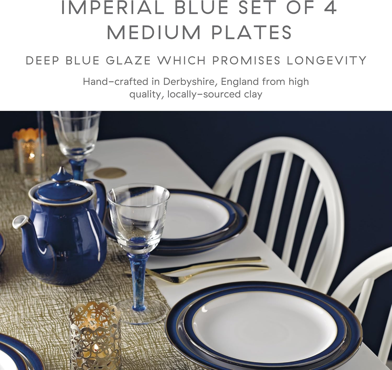 Denby - Imperial Blue Medium Plates Set of 4 - Dishwasher Microwave Safe Crockery 22cm - Royal Blue, White Ceramic Stoneware Tableware - Chip & Crack Resistant Lunch Plates