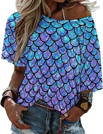 Ombre Mermaid Teal Purple Fish Scale Pattern Womens Tops Sexy Off Shoulder Shirts Casual Short Sleeve T-Shirt