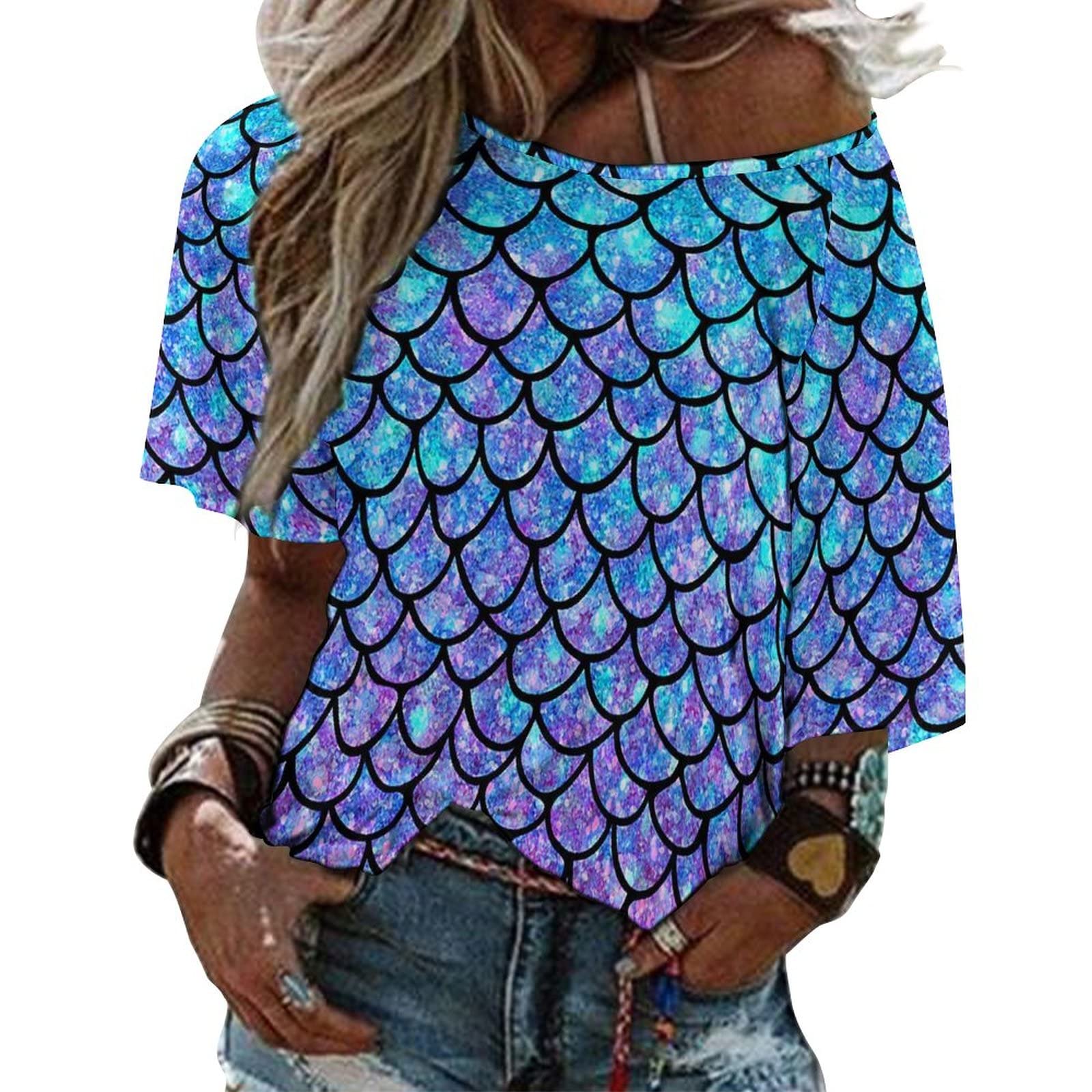 Ykklima Ombre Mermaid Teal Purple Fish Scale Pattern Womens Tops Sexy Off Shoulder Shirts Casual Short Sleeve T-Shirt, Purple,teal, L