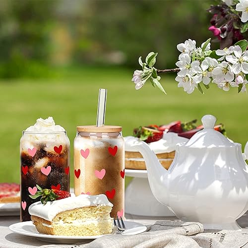 Miniatura 6 de Mason Life Vasos de Café Helado, Tazas de San Valentín Regalos para Ella Mujeres, Vaso de Cerveza de 18 OZ con Corazones, Vasos para Beber en Pareja