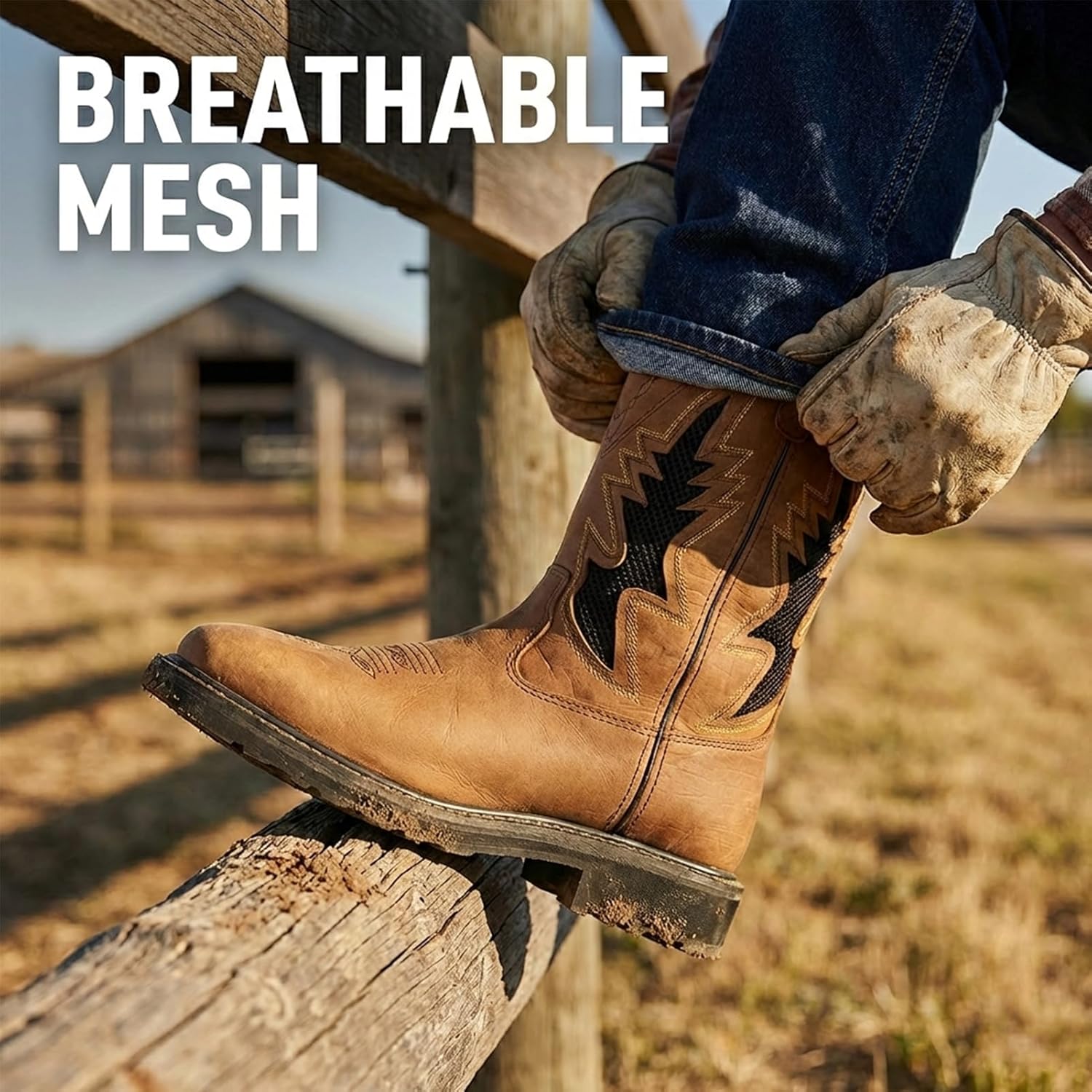 Steel Toe Cowboy Boots for Men - Puncture-Proof with EVA Mid-Sole, Breathable Leather GoodyearWelt, Anti-Slip Square Toe Work Boots, Men's Brown Western Boots for Construction, Farming (Size 7-14)