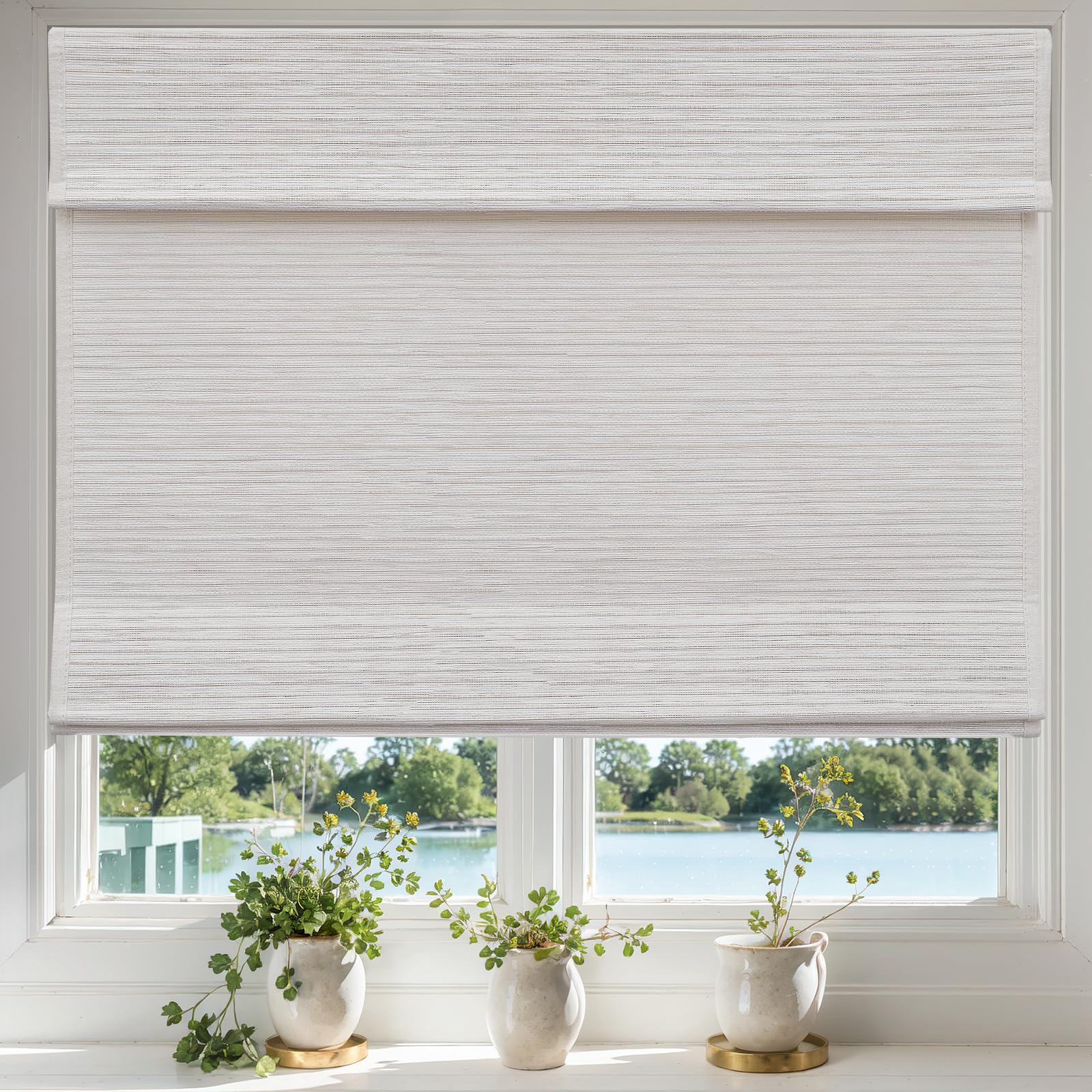 Moonice Cordless Roman Shades for Window Blackout, Natural Woven Fabric Privacy Room Darkening Blinds, Thermal Insulated Window Blind Treatment for Bedroom Living Room, White