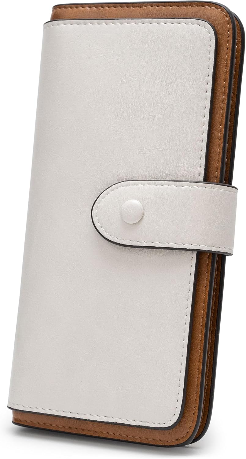 RFID Blocking Leather Wallet for Women, Slim Trifold with 14 Card Slots and Zipper Pocket (White&Brown)